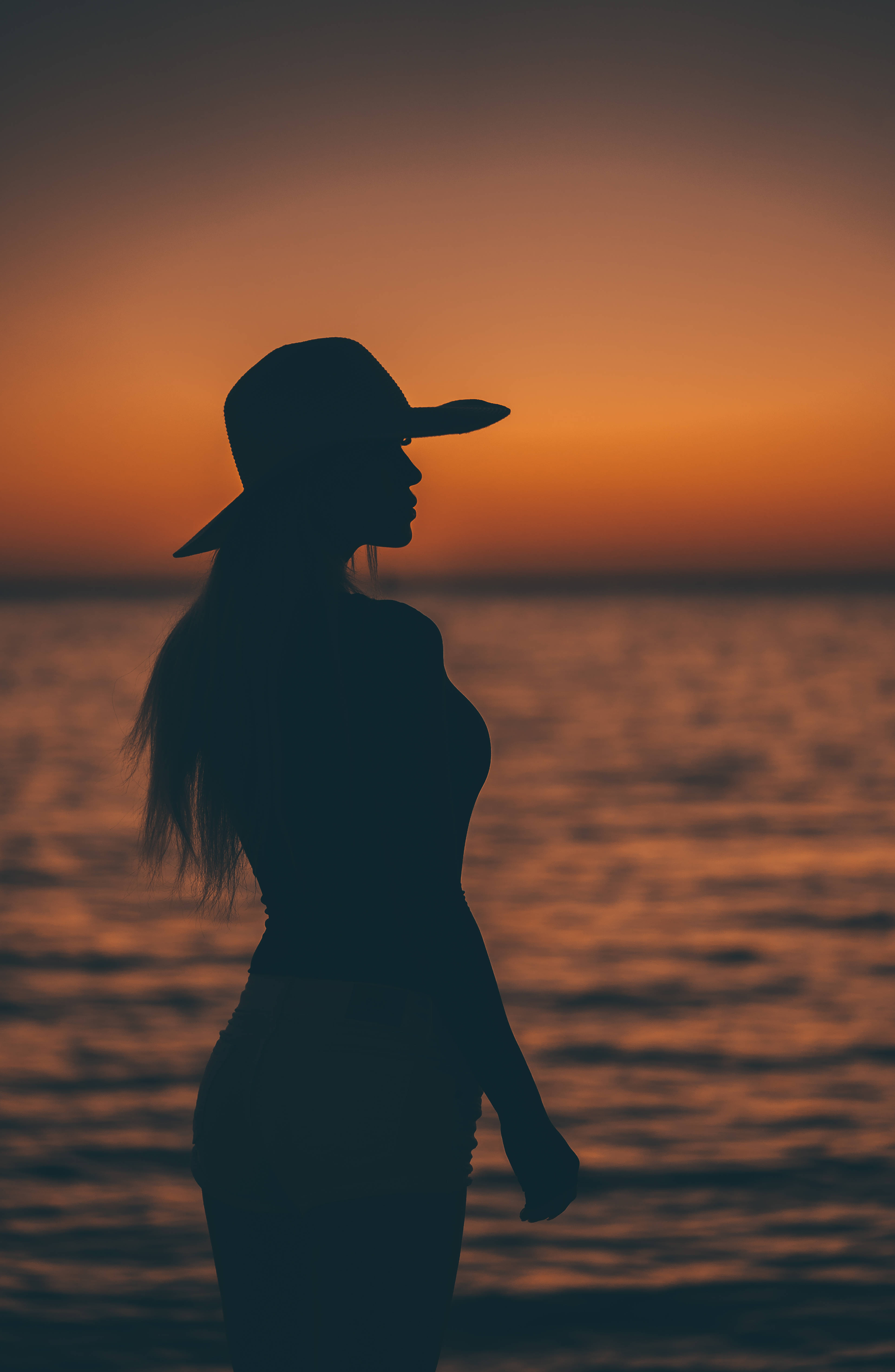 woman, wide-brimmed hat, sunset, 5K Phone Wallpaper