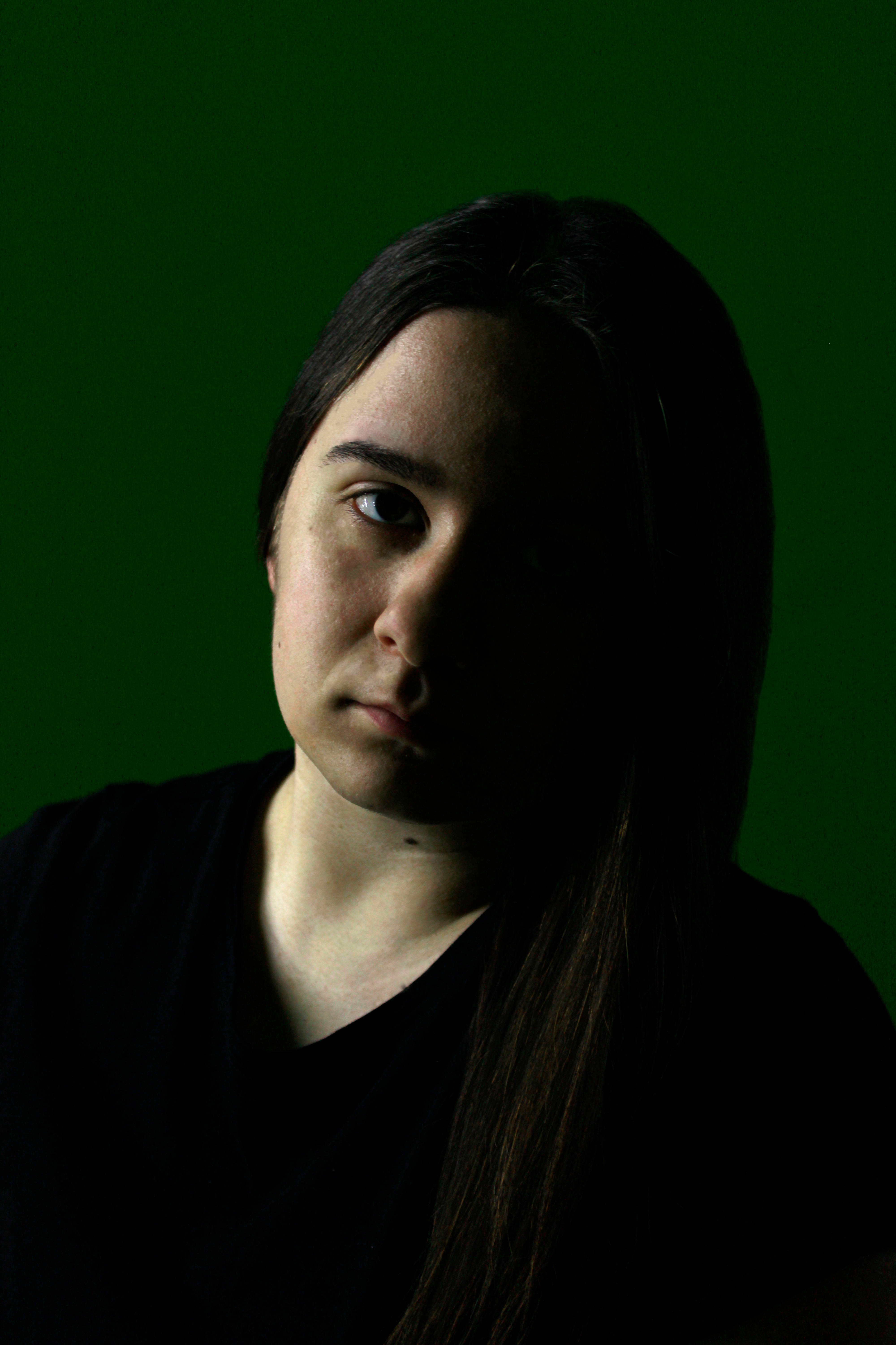 Simple Dark Aesthetic, black shirt, long dark hair, 5K Phone Wallpaper