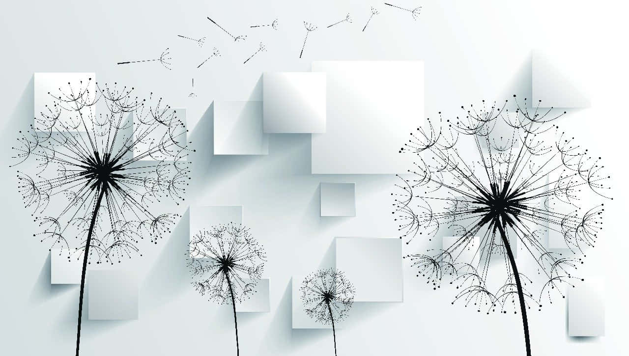 black line art, dandelions, floating seeds, HD Desktop Wallpaper