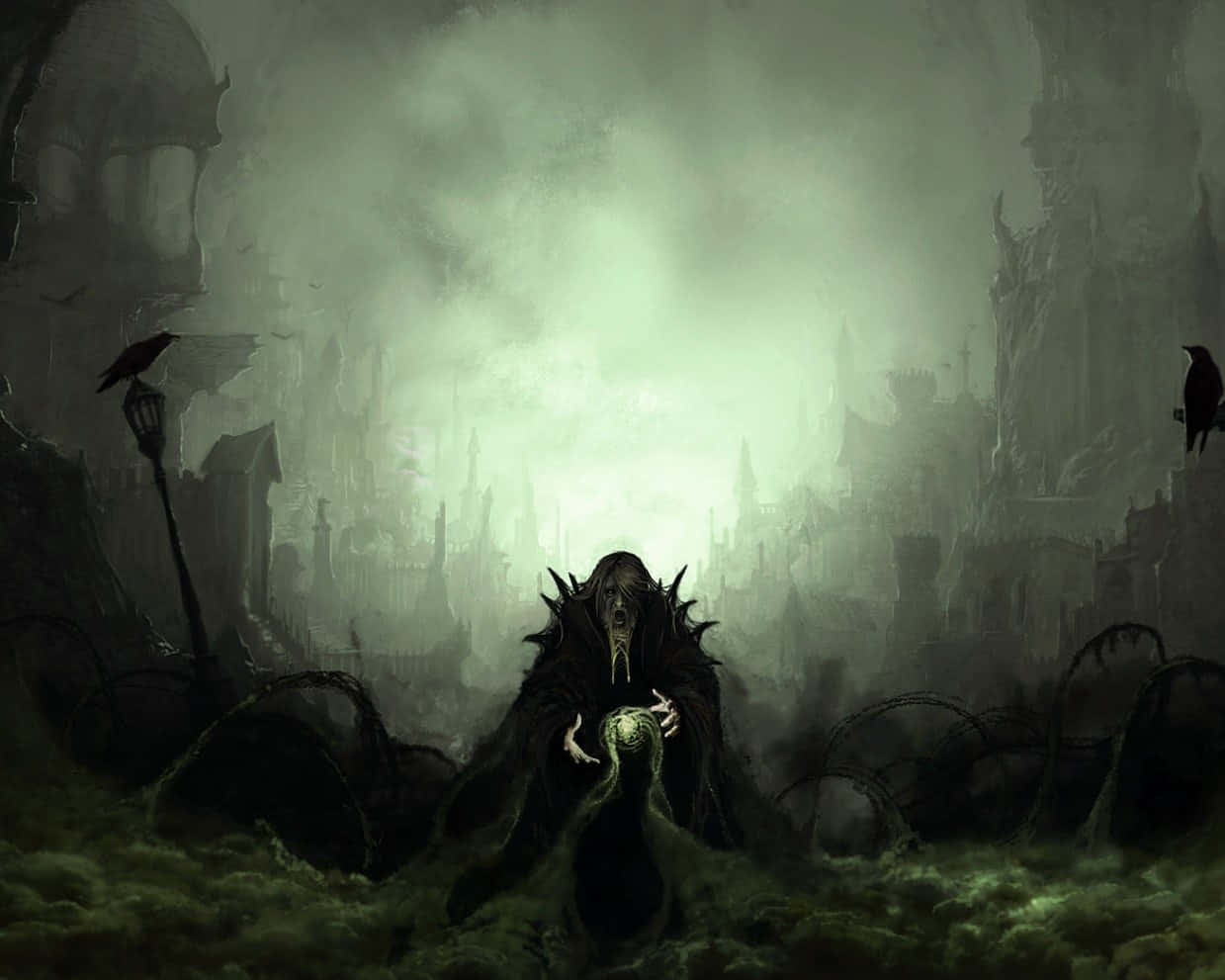 hooded figure, spiky shoulders, glowing orb, SD Desktop Wallpaper
