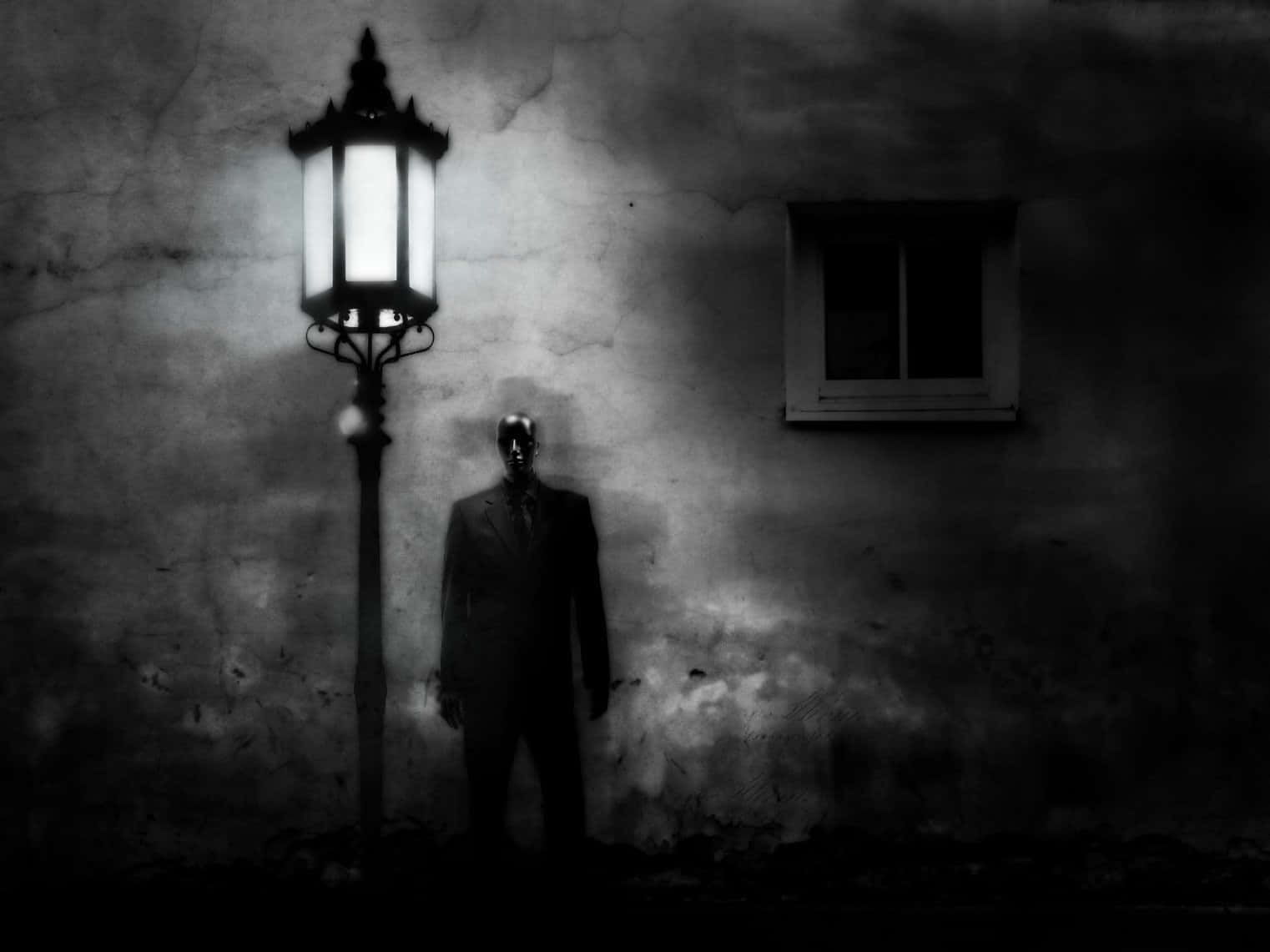 ghostly man in a suit, glowing streetlamp, weathered wall, HD Desktop Wallpaper