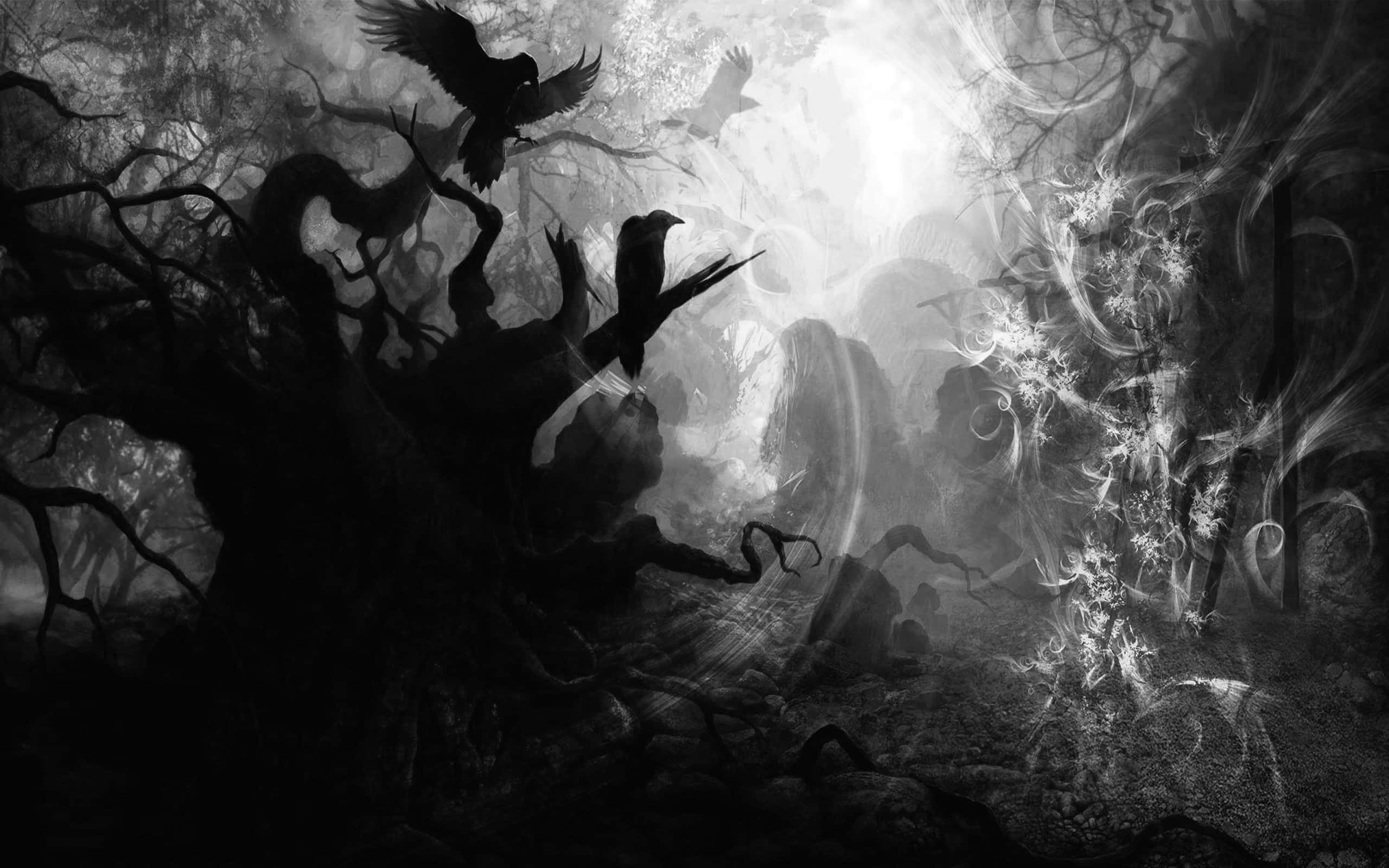 monochrome forest scene, silhouetted crows, gnarled trees, 2K Desktop Wallpaper
