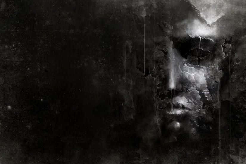 monochrome abstract face, textured darkness, ghostly light streaks, SD Desktop Wallpaper