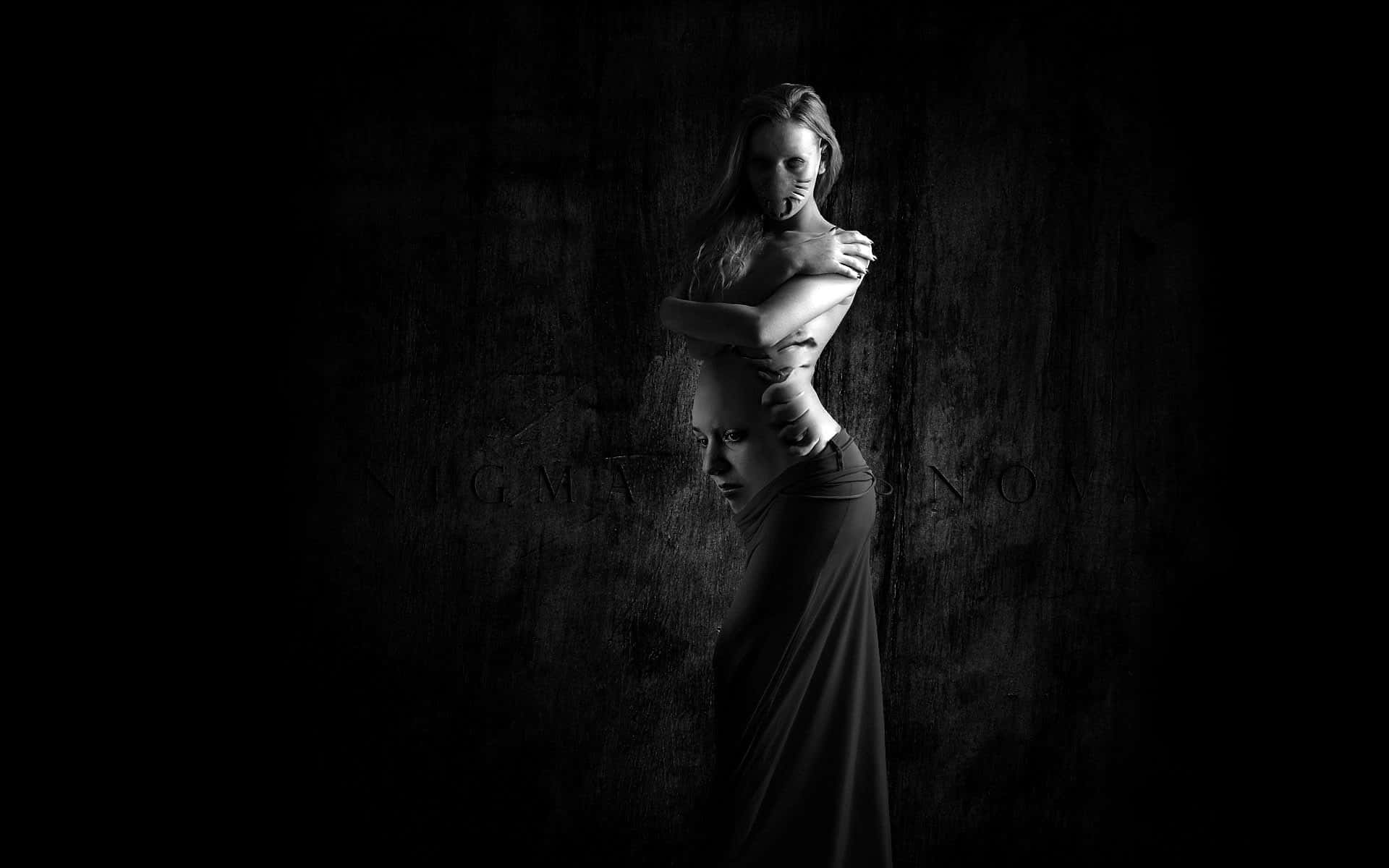 black and white portrait, two women embracing, dark textured space, Full HD Desktop Wallpaper
