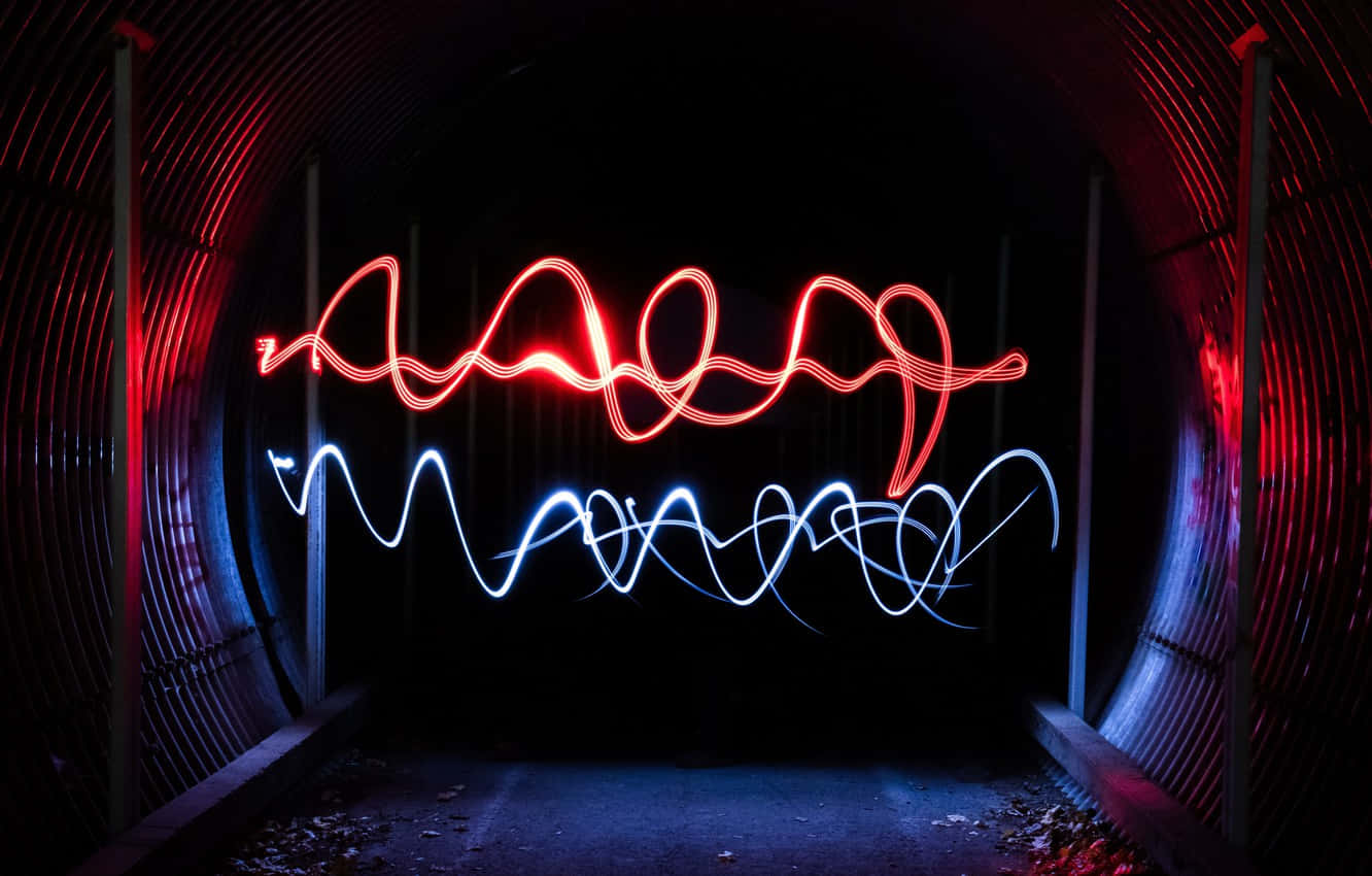 red and blue lights, dark corrugated metal tunnel, light painting, HD Desktop Wallpaper