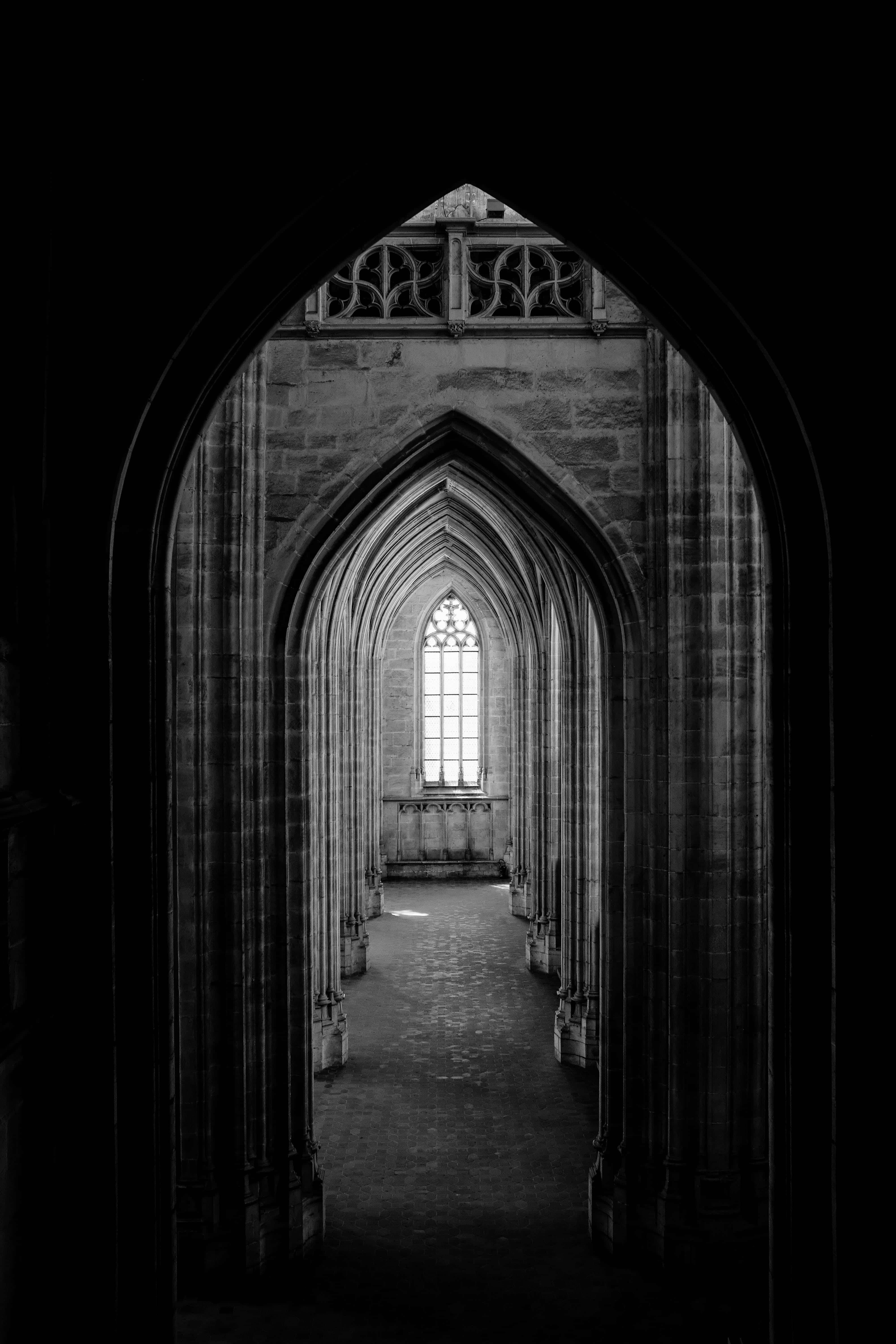 Gothic arches, stained glass window, stone corridor, 5K Phone Wallpaper