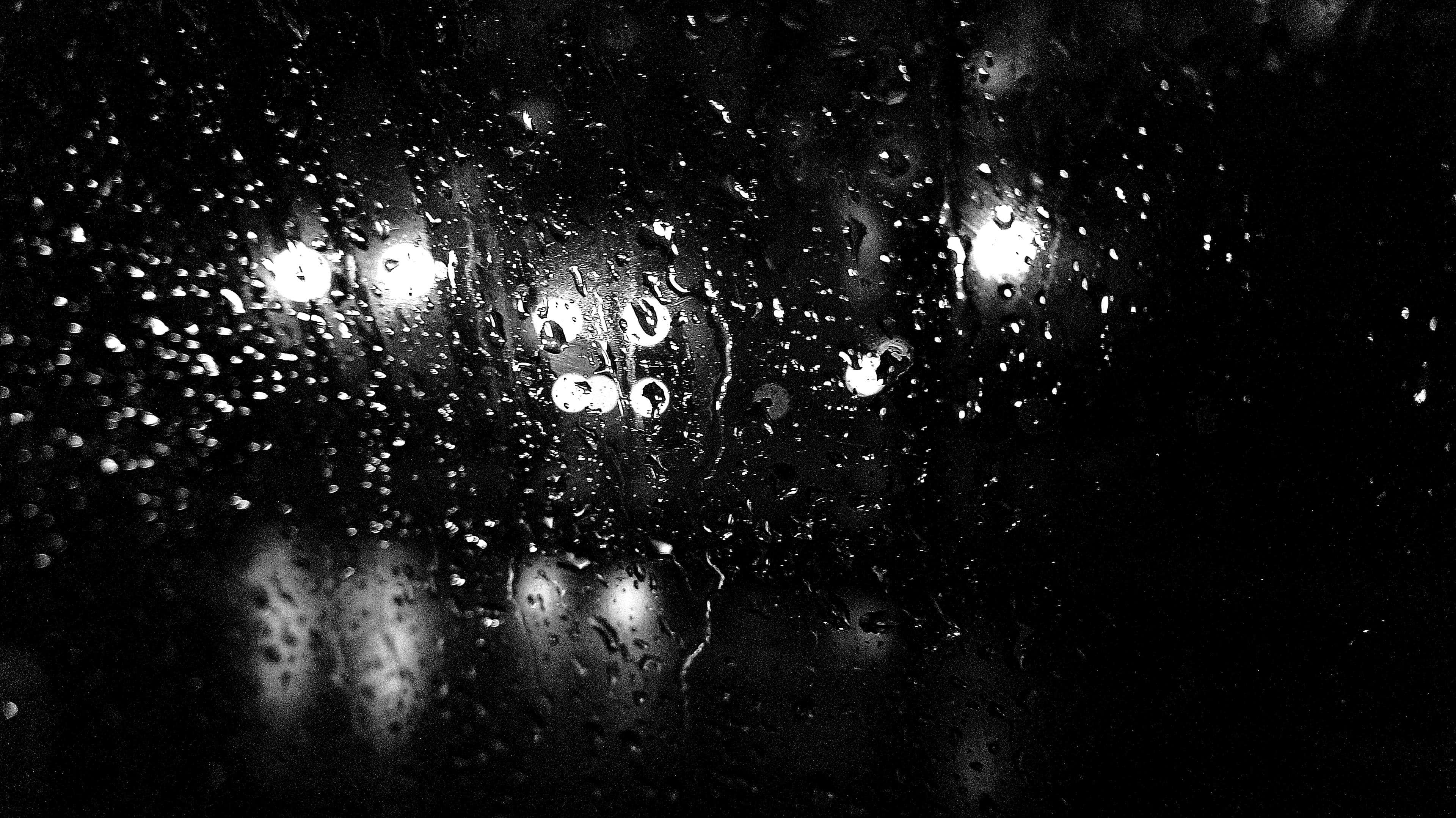 black and white, raindrops, dark window, 4K Desktop Wallpaper