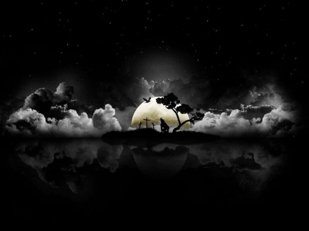 lone tree, crosses silhouette, glowing moon, SD Desktop Wallpaper
