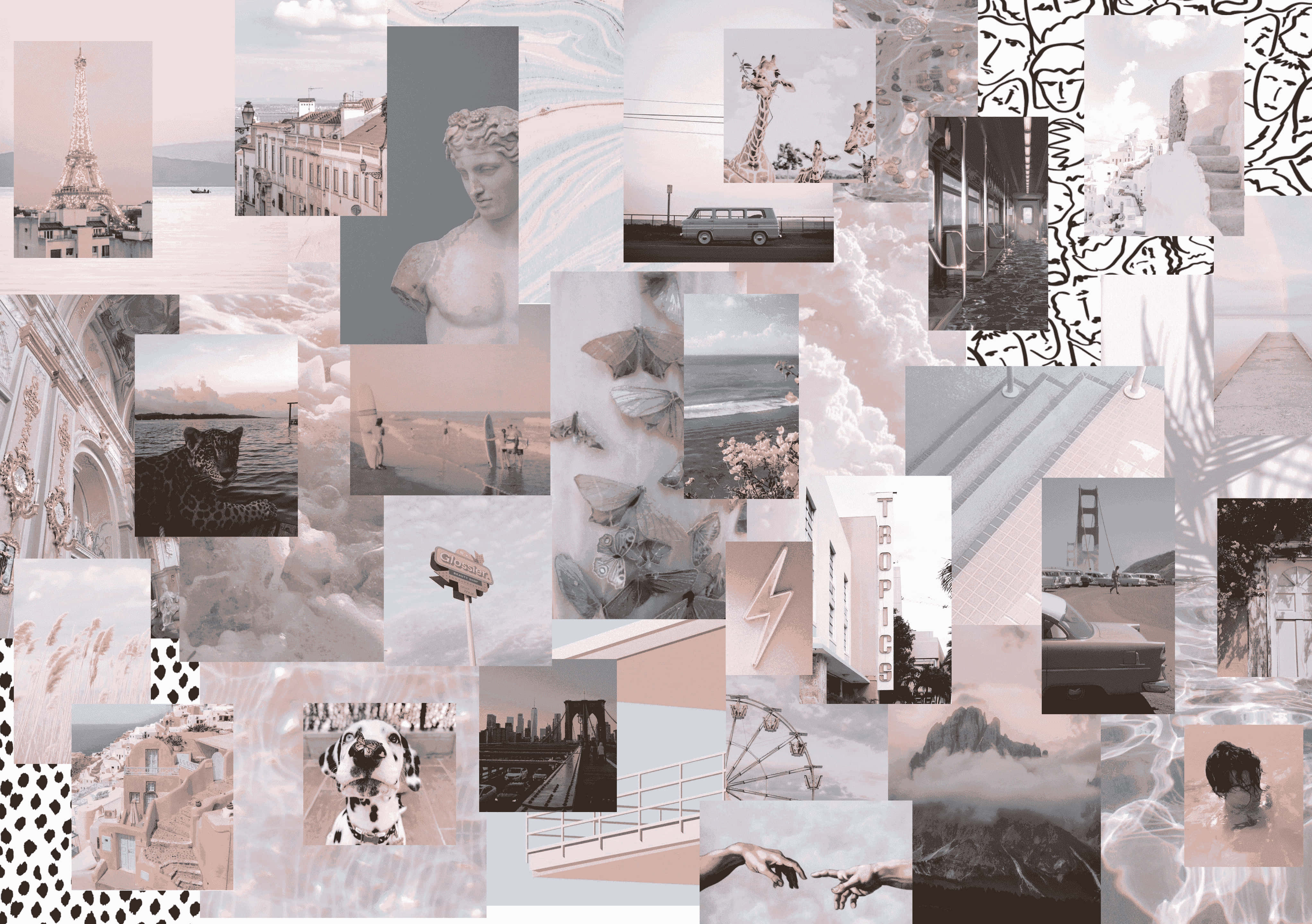 Pastel Peach White, collage aesthetic desktop, vintage photos, 4K Desktop Wallpaper