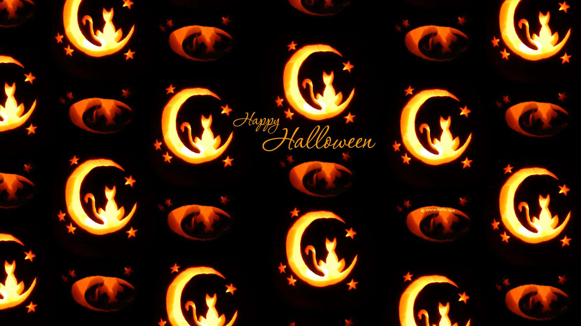 Spooky Halloween Pumpkins, glowing orange jack-o'-lanterns, crescent moons, Full HD Desktop Wallpaper