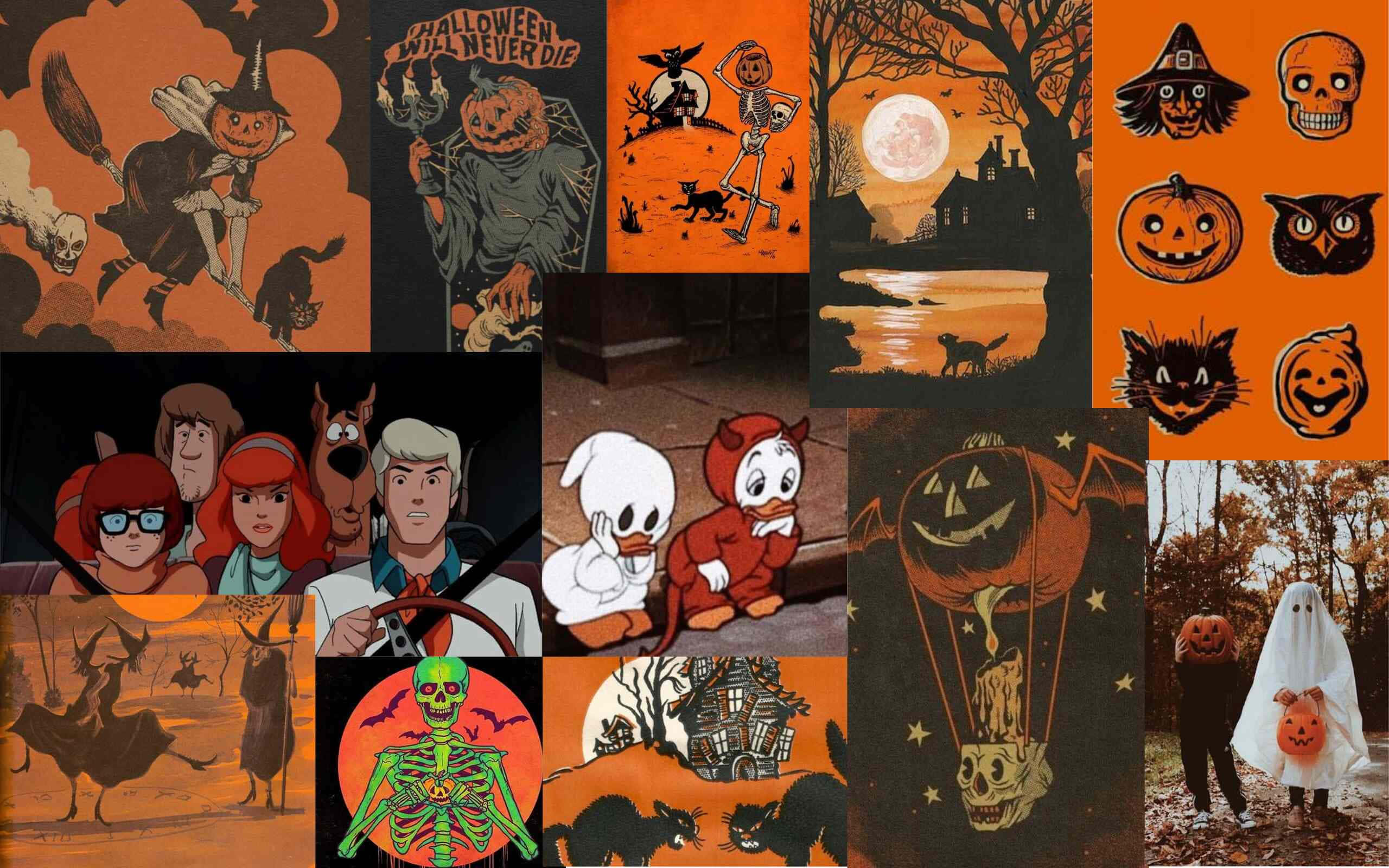 Halloween, spooky characters, pumpkins, 2K Desktop Wallpaper