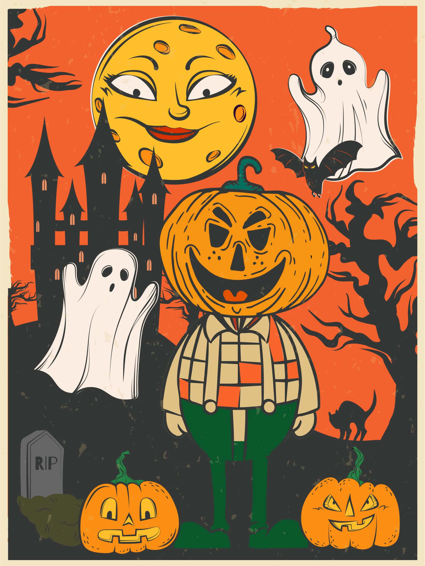plaid shirt, haunted castle, smiling moon, Full HD Phone Wallpaper