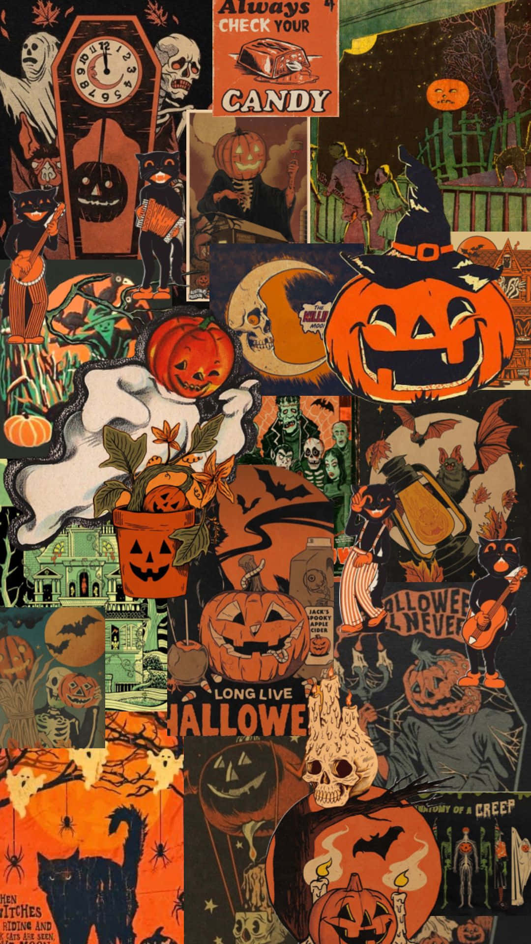 vintage Halloween collage, pumpkins, ghosts, Full HD Phone Wallpaper