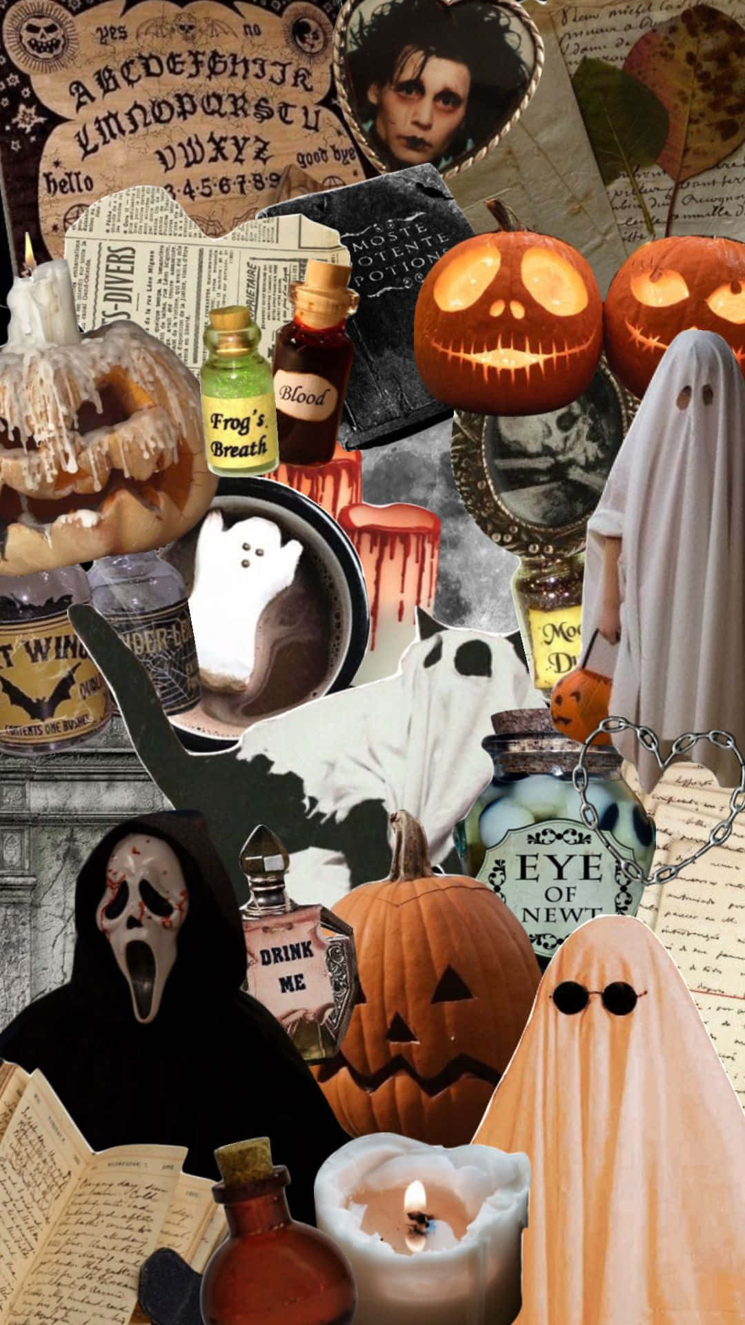Halloween Collage Aesthetic, carved pumpkins, ghosts, Full HD Phone Wallpaper
