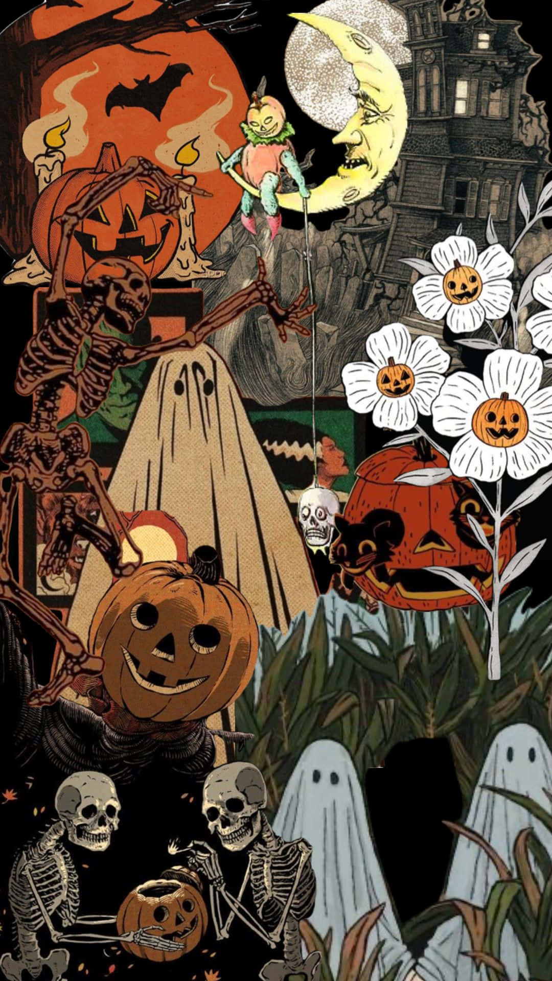 Retro Vintage Halloween Collage, skeletons, ghosts, Full HD Phone Wallpaper