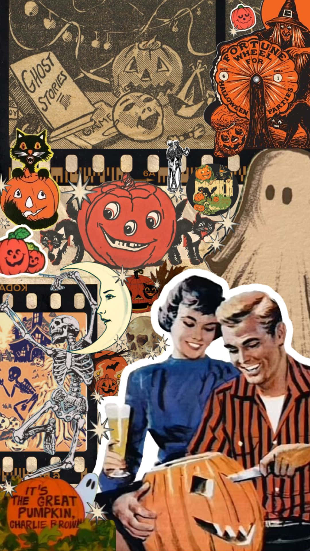 Retro Halloween Collage, vintage imagery, smiling couple, Full HD Phone Wallpaper