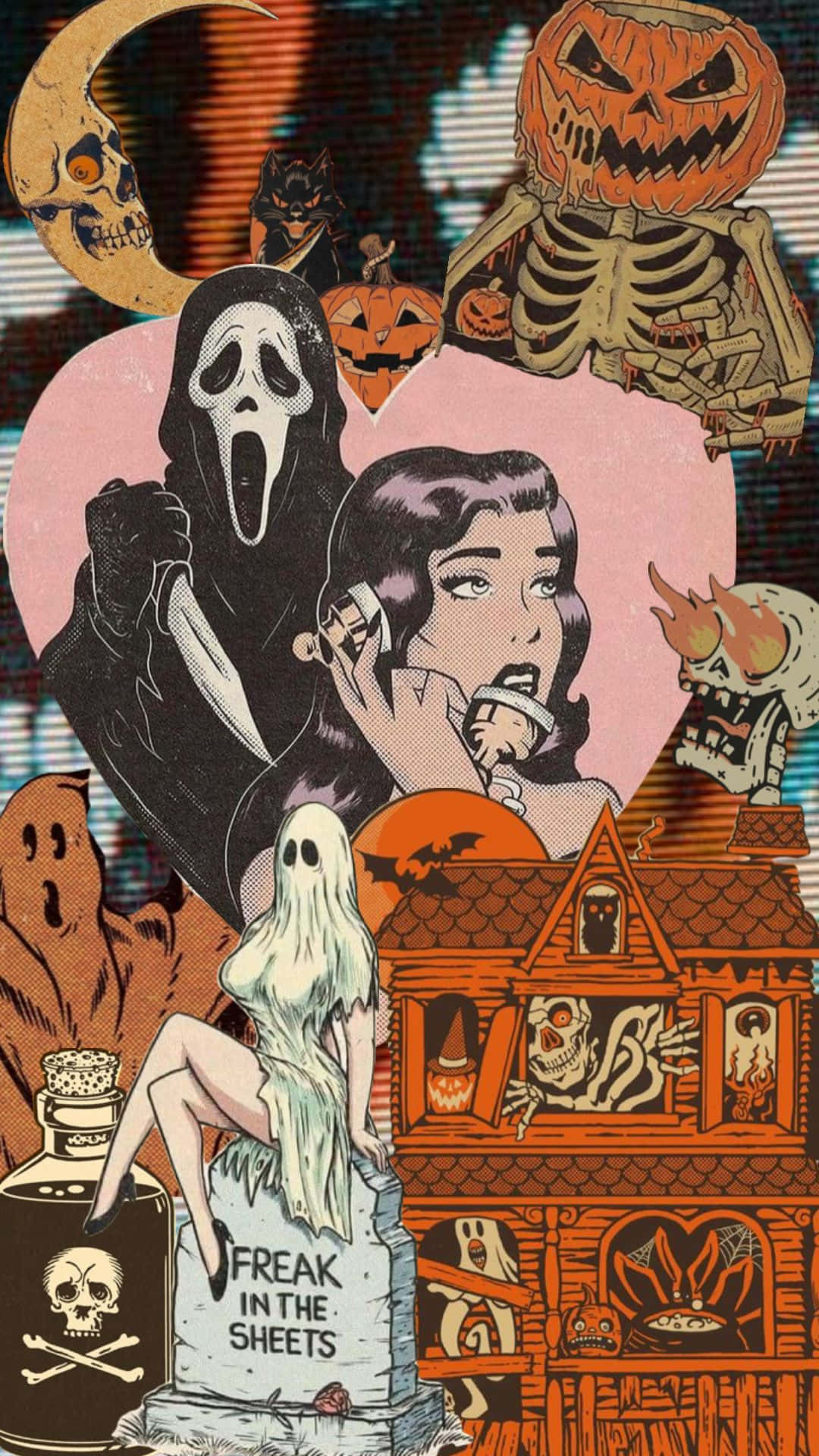 Halloween Collage Artwork, screaming ghost, pumpkin-headed skeleton, Full HD Phone Wallpaper