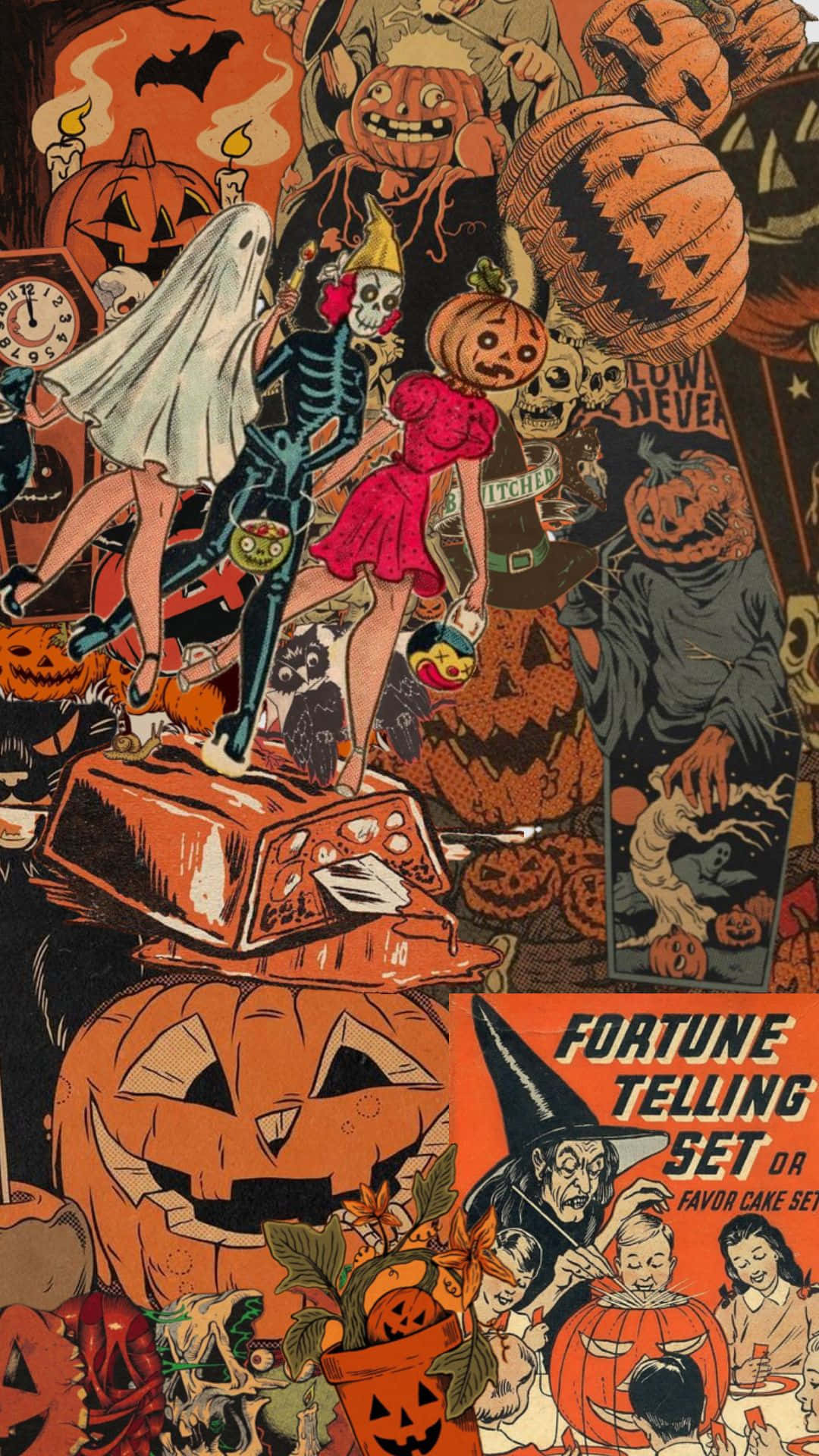 Retro Halloween Collage Artwork, jack-o-lanterns, skeletons, Full HD Phone Wallpaper
