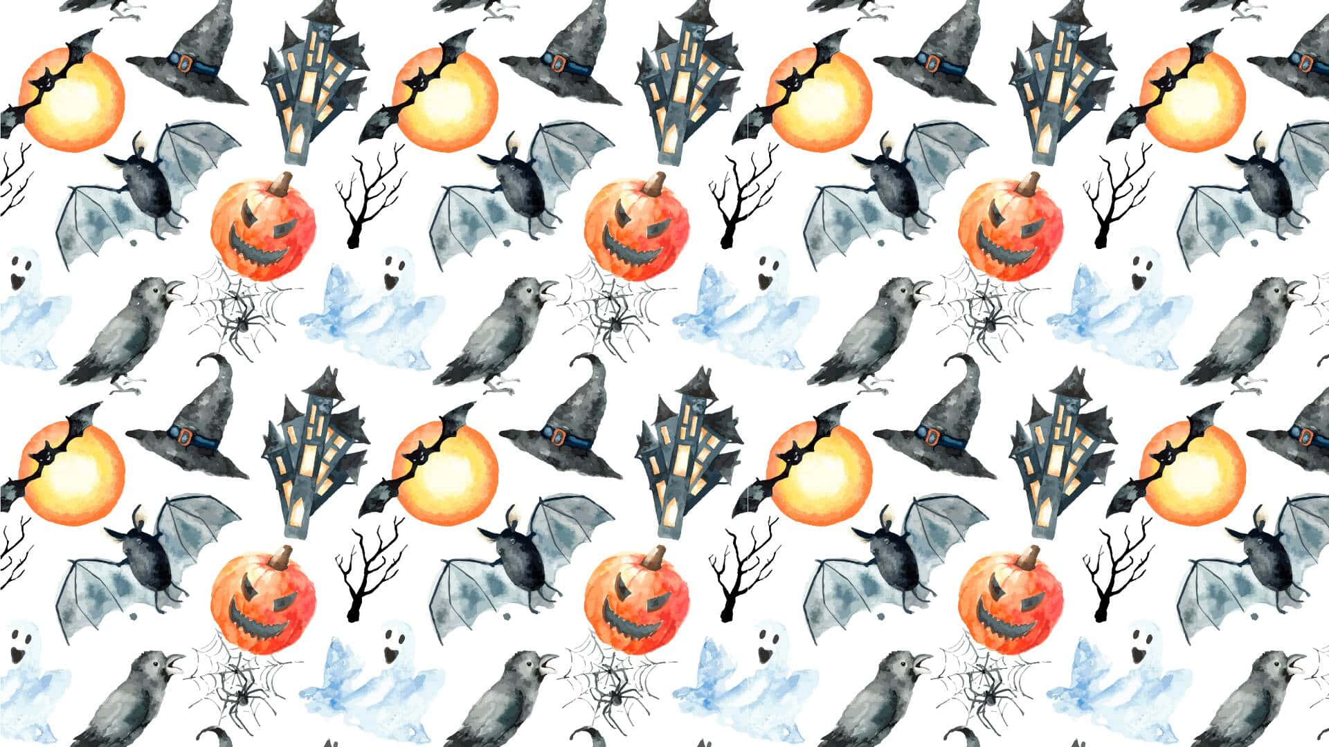 Halloween, watercolor pattern, bats, Full HD Desktop Wallpaper