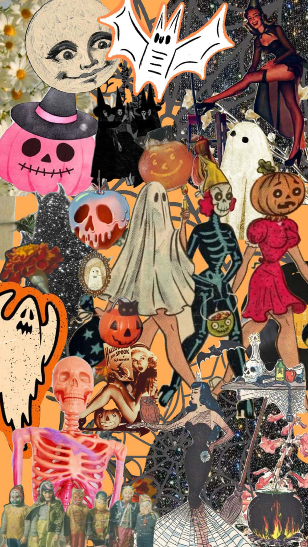 Retro Halloween Collage Art, vintage Halloween characters, pumpkins, Full HD Phone Wallpaper