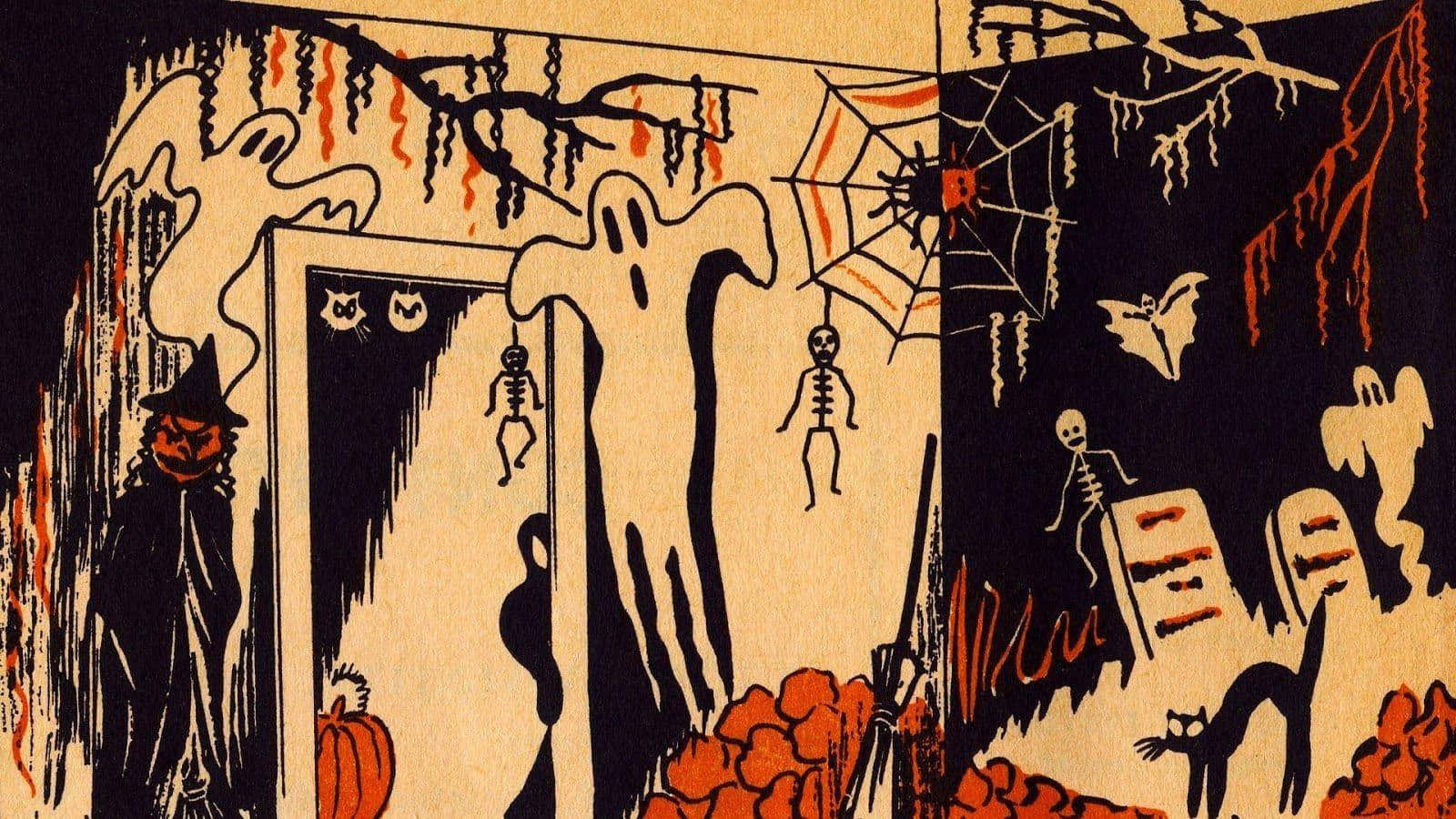 vintage Halloween scene, spooky ghosts, skeletons, HD Desktop Wallpaper