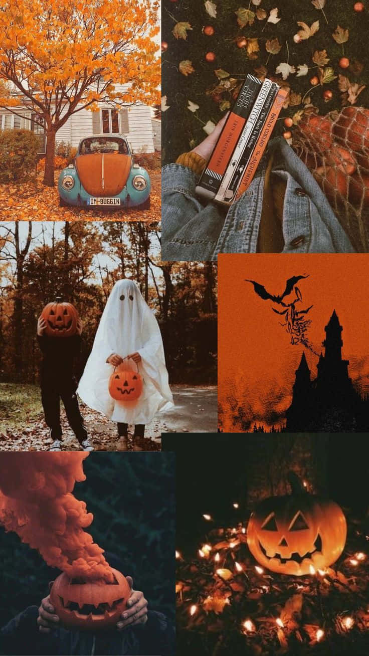 Dark Halloween Collage Aesthetic, vintage car, autumn leaves, HD Phone Wallpaper