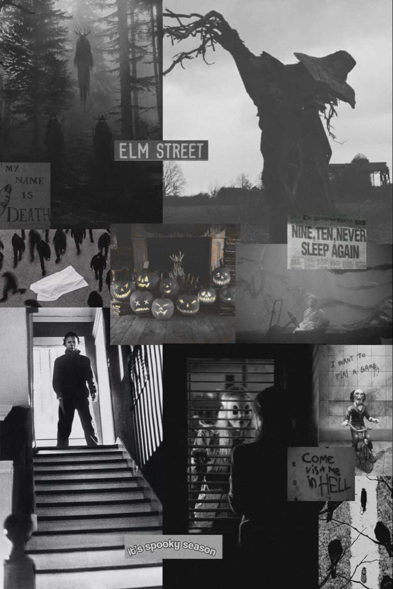 black and white, horror collage, iconic movie monsters, SD Phone Wallpaper