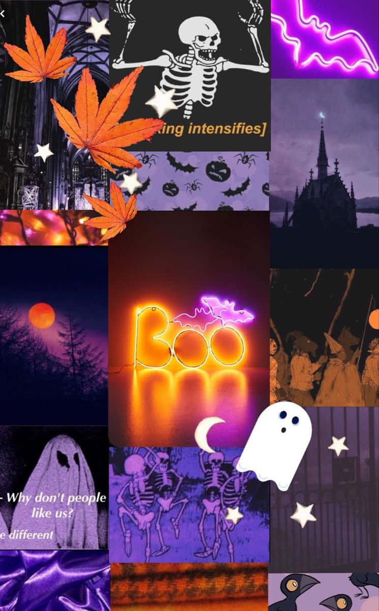 vintage halloween collage aesthetic, glowing neon signs, skeletons, SD Phone Wallpaper
