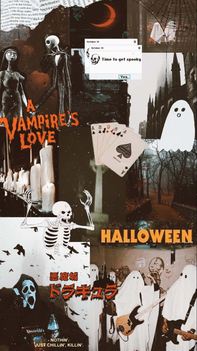 Dark Halloween Collage Aesthetic, skeletons, ghosts, SD Phone Wallpaper