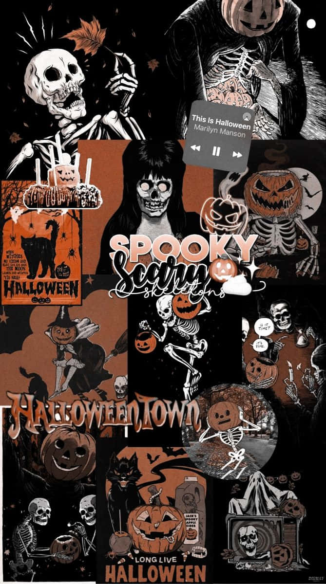 Retro Vintage Halloween Collage, skeletons, pumpkins, SD Phone Wallpaper