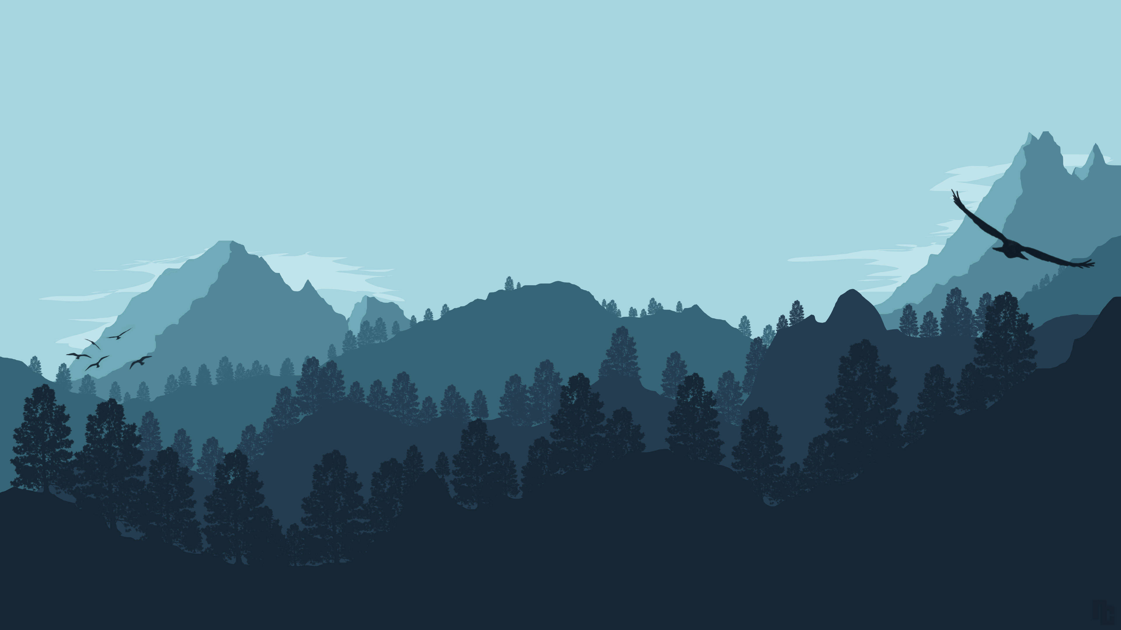 teal forest, silhouetted mountains, pale blue sky, 4K Desktop Wallpaper