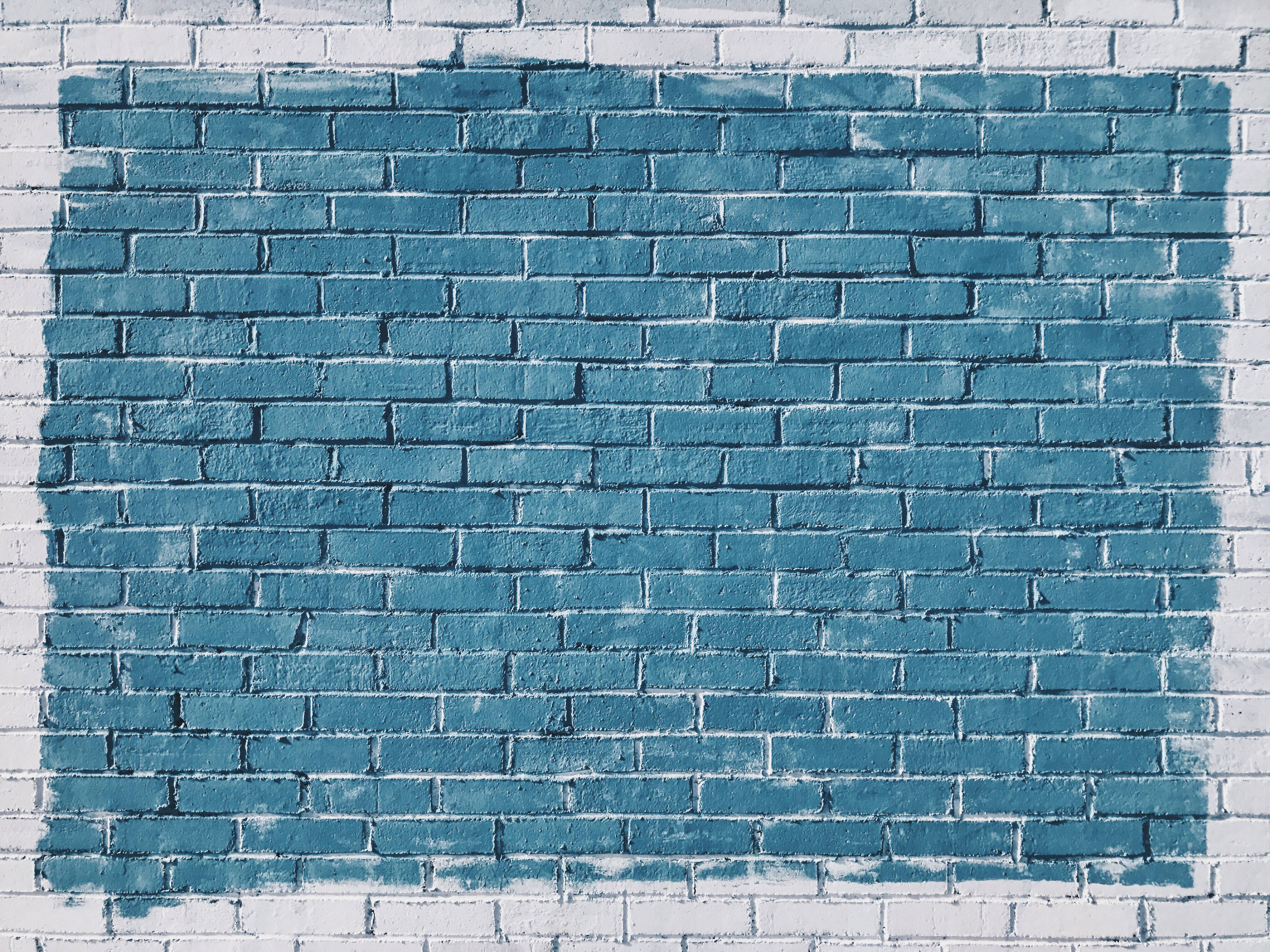 white brick wall, textured teal rectangle, brush strokes, 4K Desktop Wallpaper