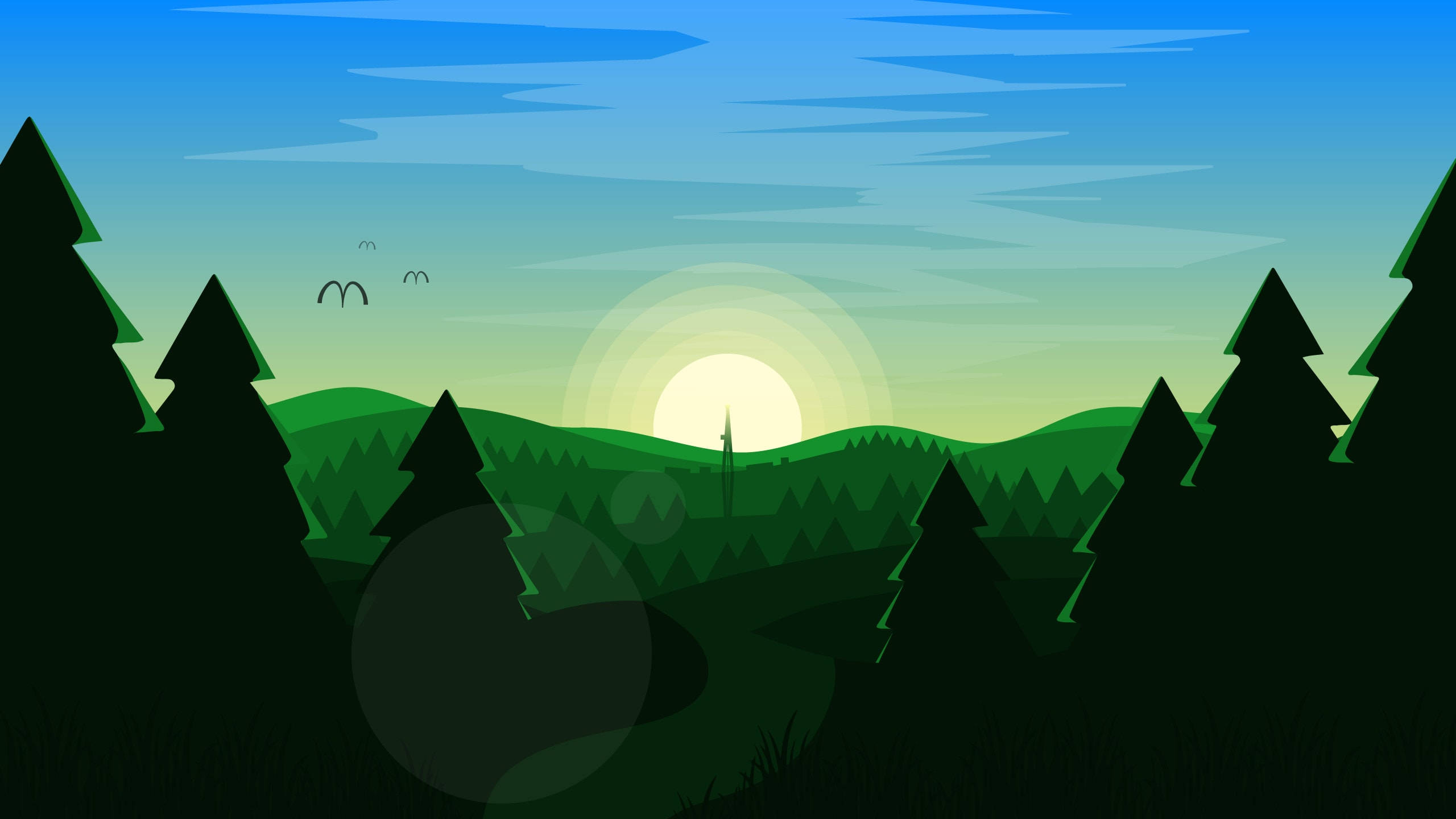 forest landscape, sunrise, rolling green hills, 2K Desktop Wallpaper