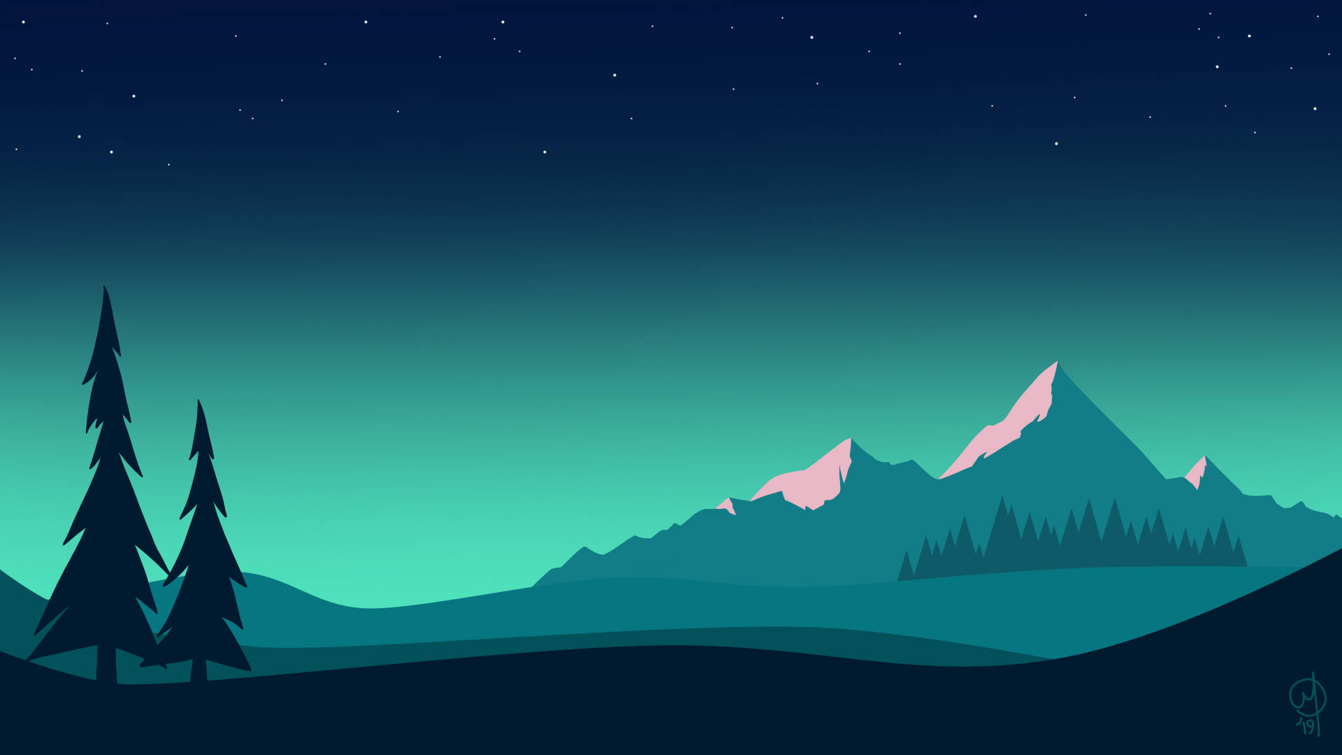 pine trees, starry night sky, teal mountains, Full HD Desktop Wallpaper