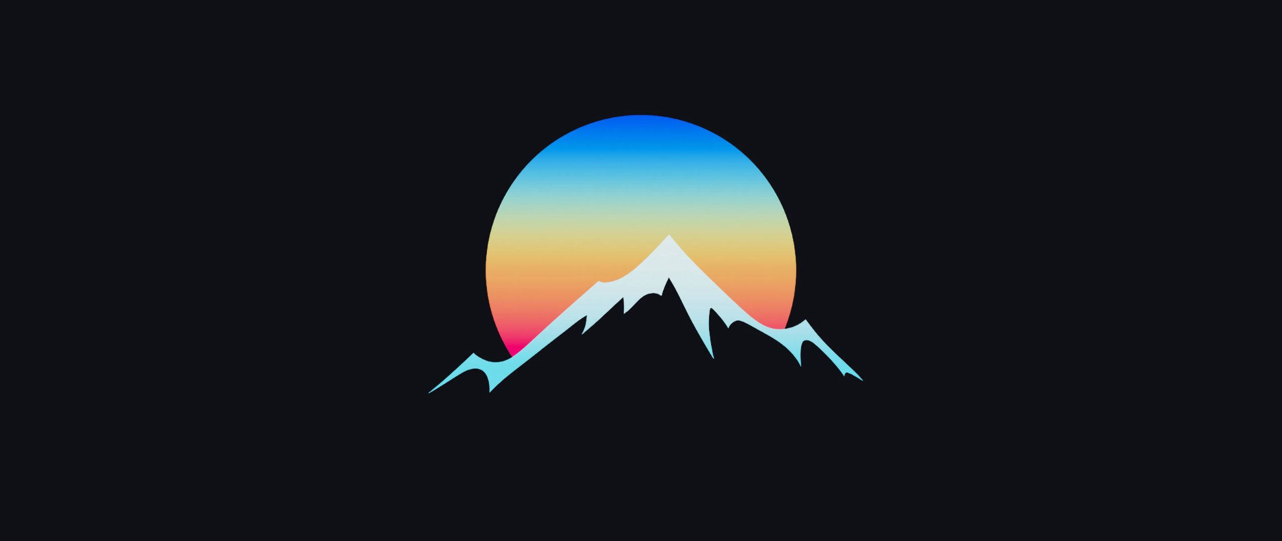 mountain silhouette, vibrant gradient sunset circle, black background, 2K Desktop Wallpaper