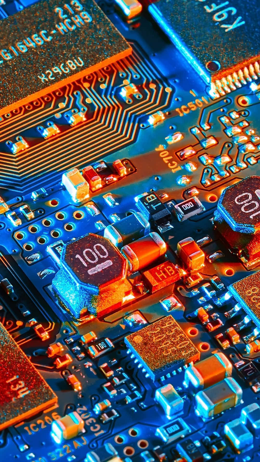 vibrant blue, orange circuit board, glowing electronic components, Full HD Phone Wallpaper