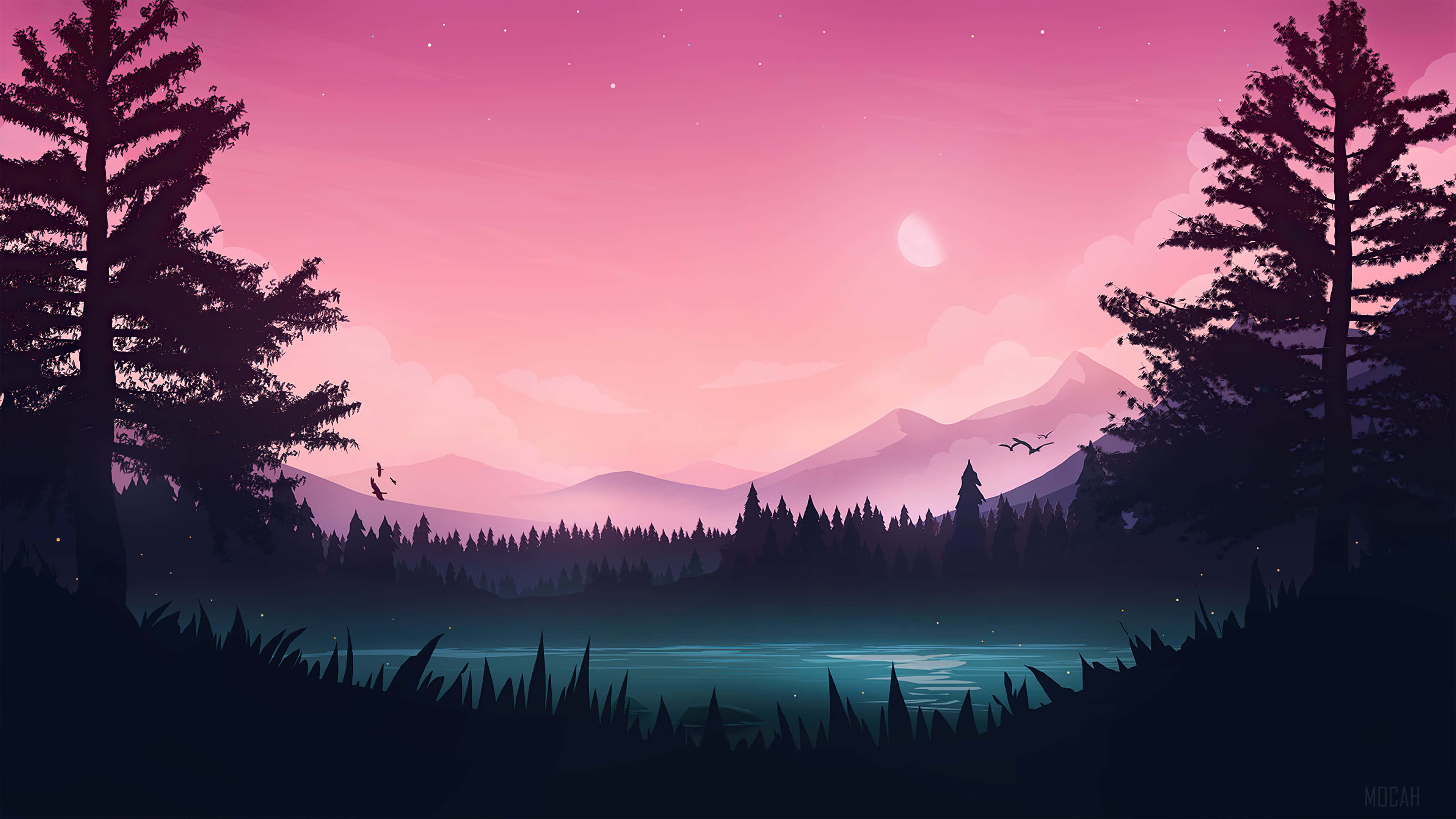 pink landscape, silhouetted pine trees, tranquil lake, 4K Desktop Wallpaper