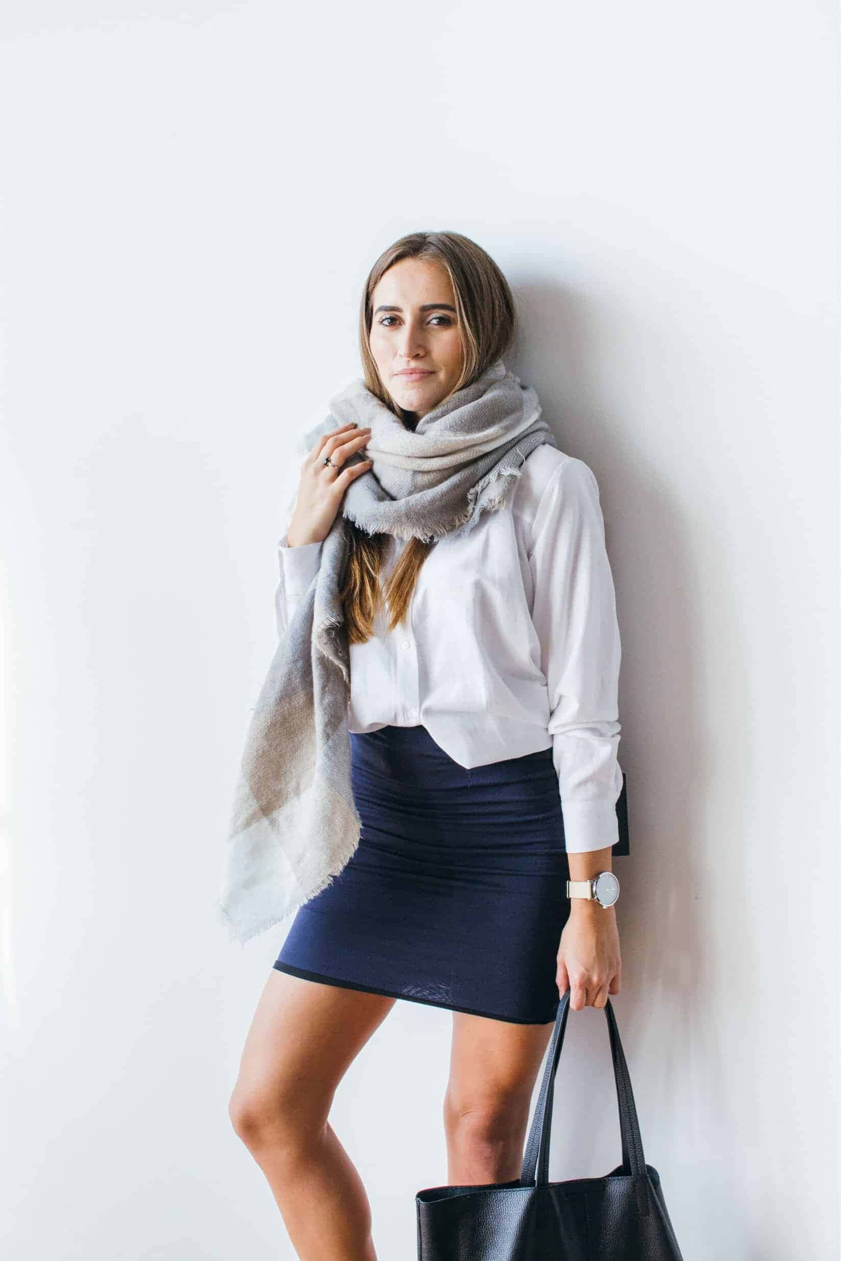white blouse, navy skirt, plain white wall, Full HD Phone Wallpaper