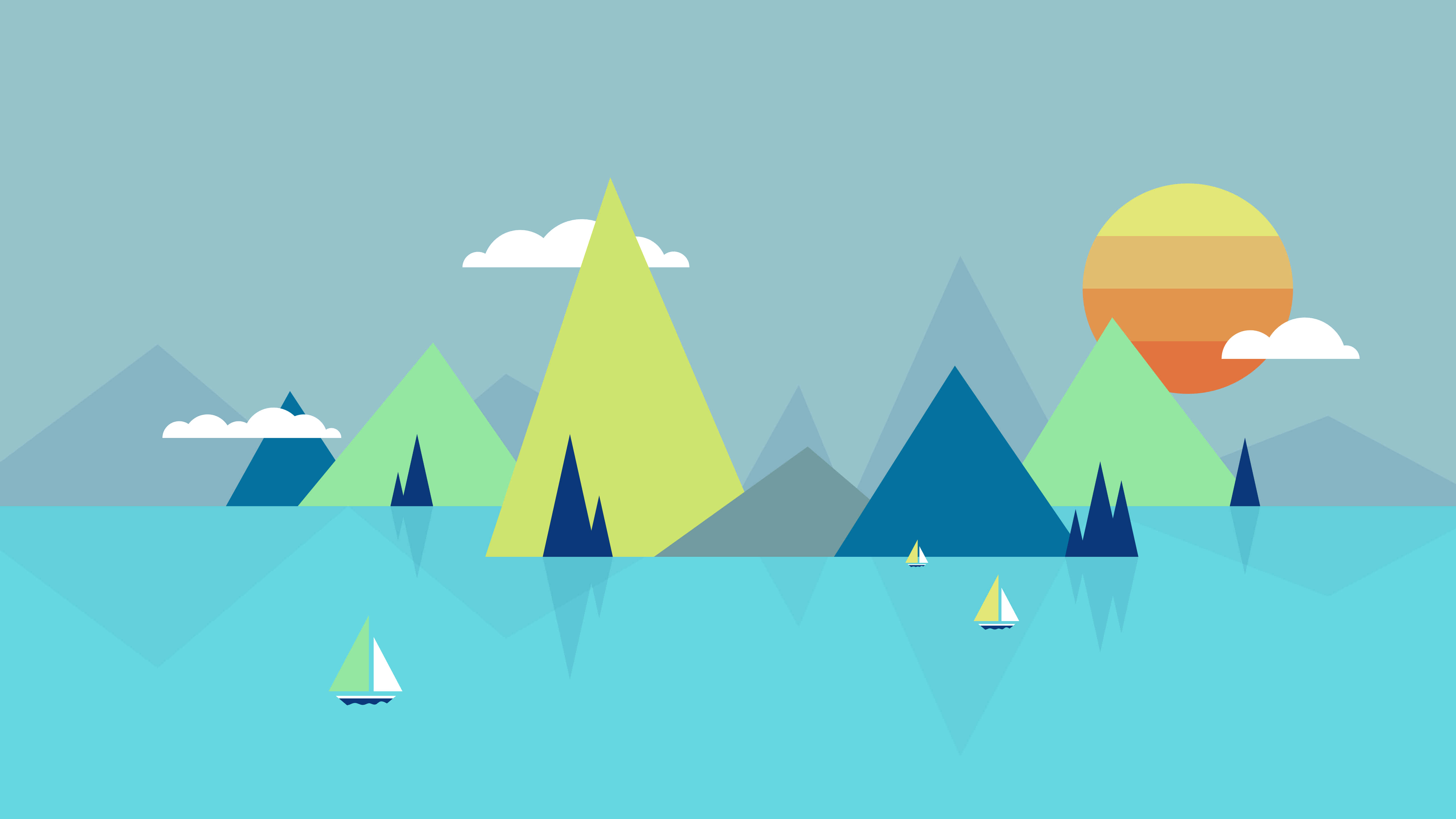 geometric mountains, sailboats, calm turquoise water, 5K Desktop Wallpaper