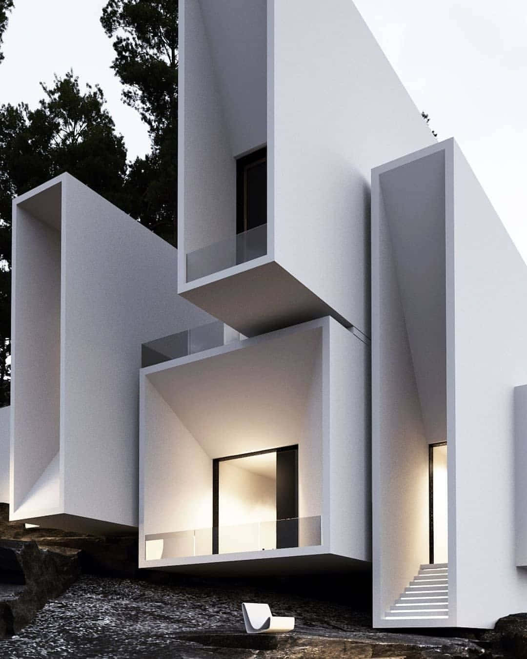 minimalist architecture, modern white geometric house, floating balconies, HD Phone Wallpaper