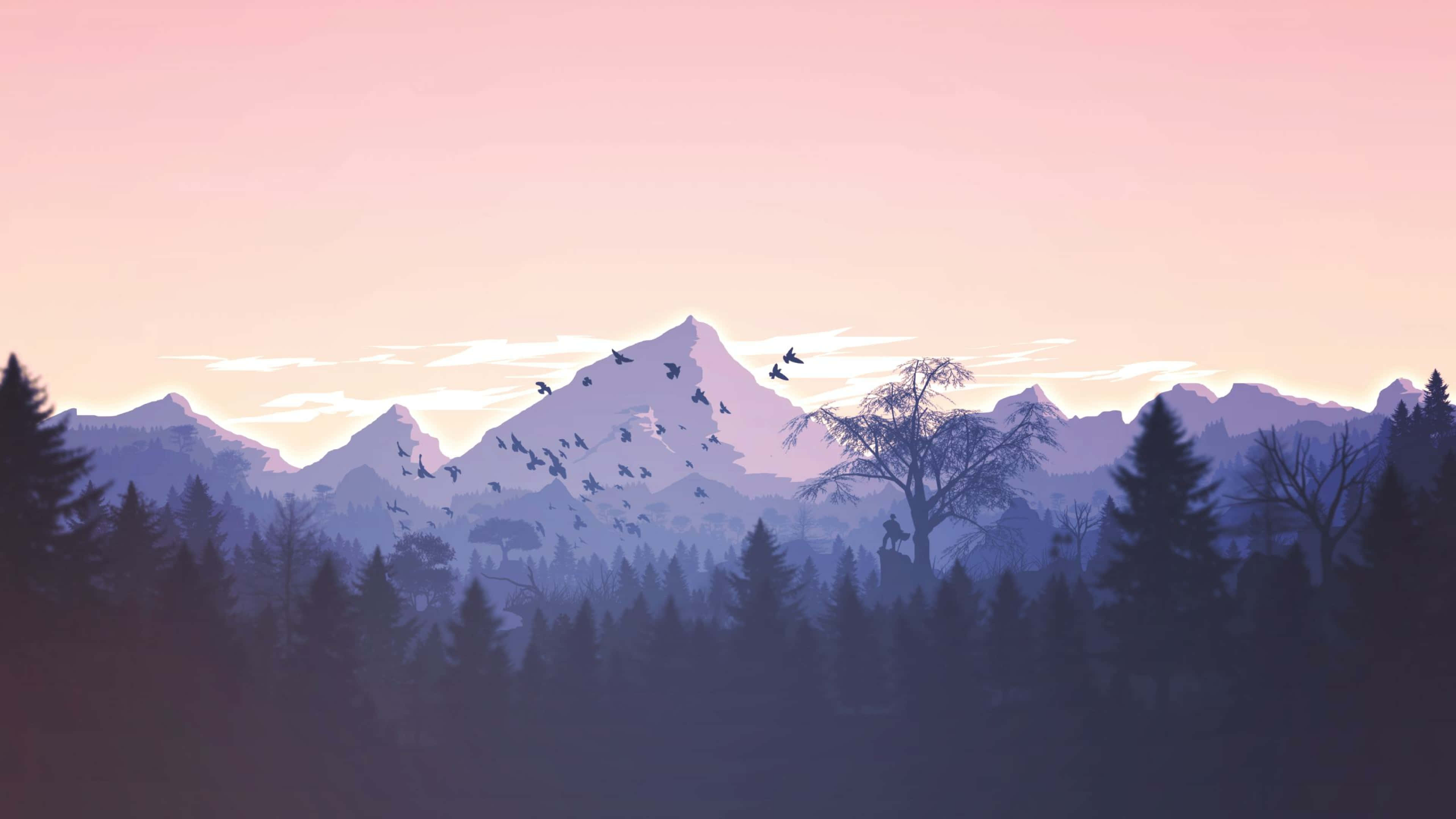 silhouetted mountains, forest, soft pink and purple sunset sky, 4K Desktop Wallpaper