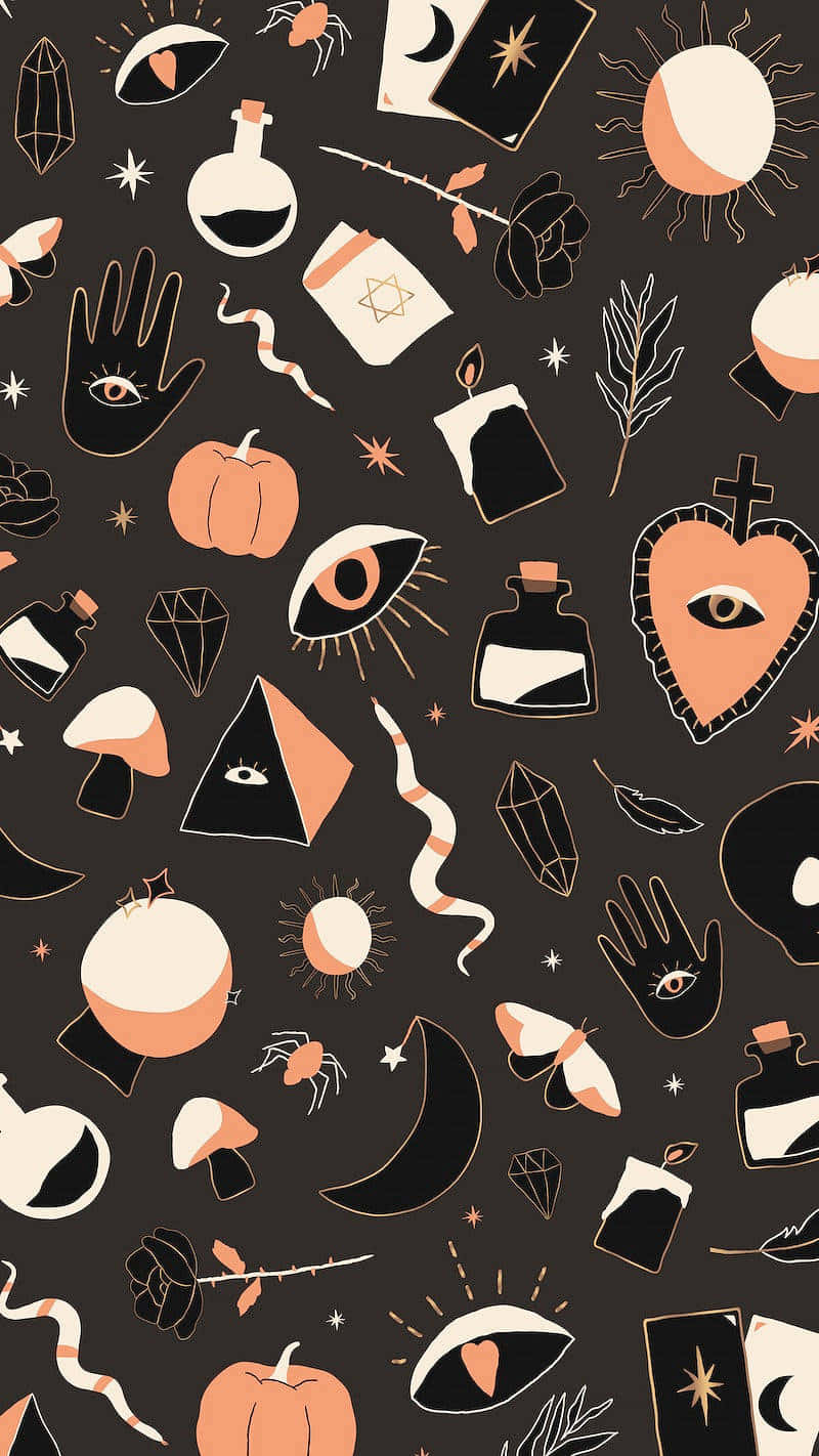 black and orange pattern, occult symbols, eyes, HD Phone Wallpaper