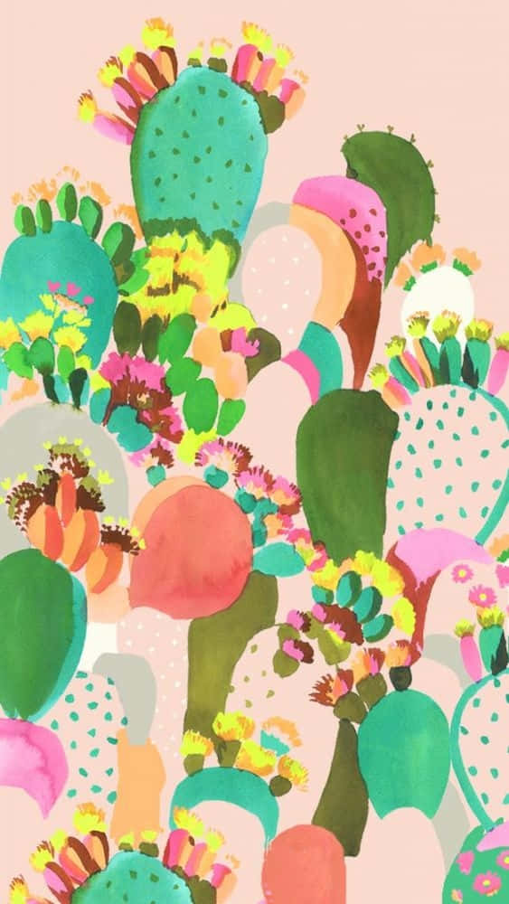 cacti pattern, pink peach, green hues, SD Phone Wallpaper