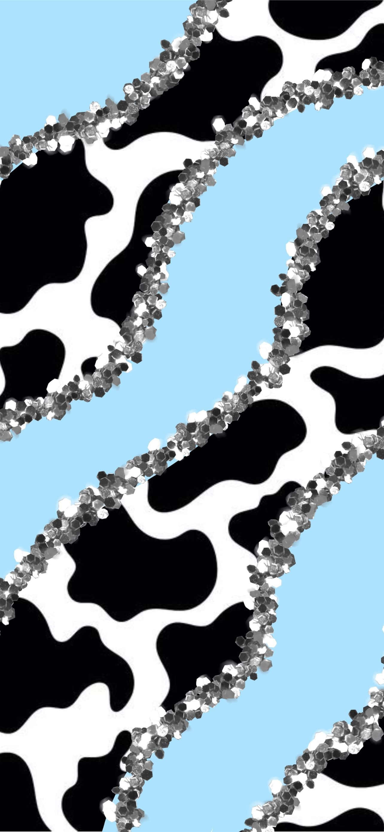 cow print pattern, glittery silver diagonal stripes, light blue background, 2K Phone Wallpaper