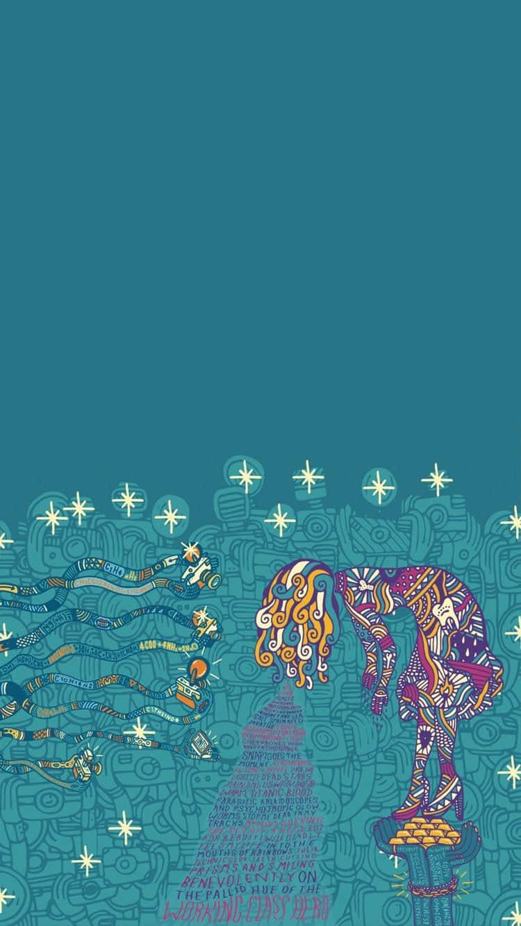 iPhone, teal background, glowing stars, HD Phone Wallpaper