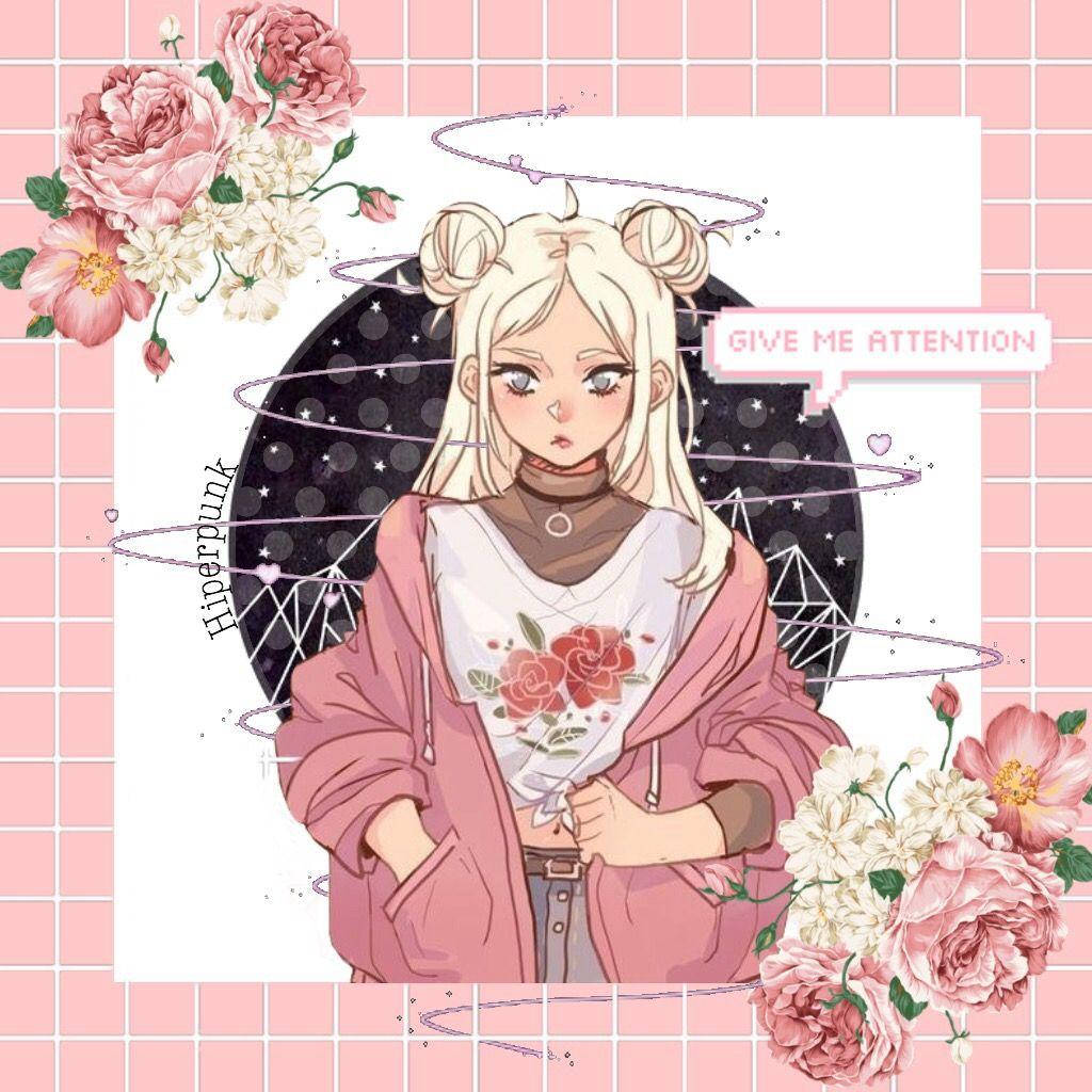 hyperpunk anime girl, blonde twin buns, pink hoodie, SD Desktop Wallpaper