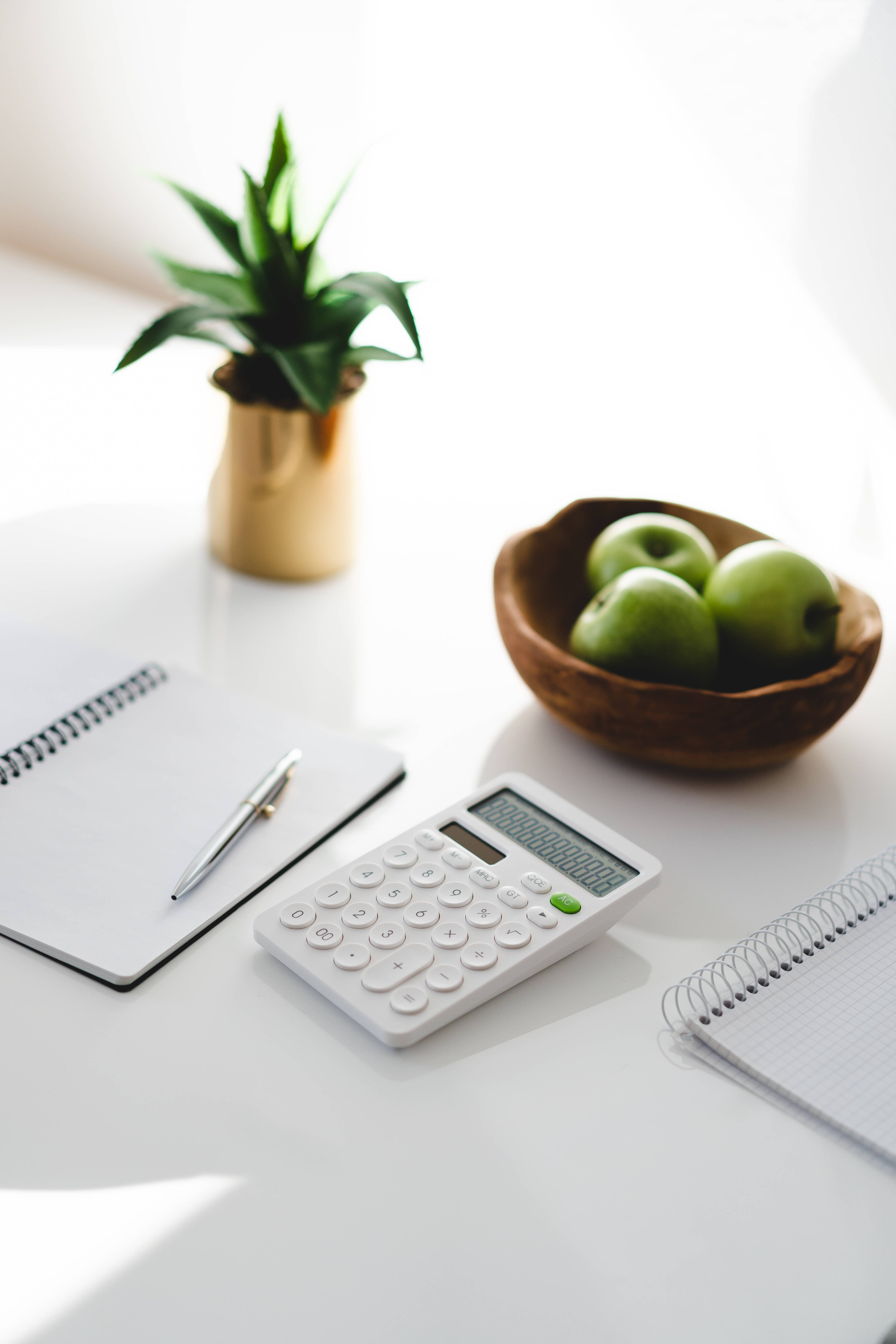 Simple White Aesthetic, green brown accents, minimalist white desk setup, 5K Phone Wallpaper