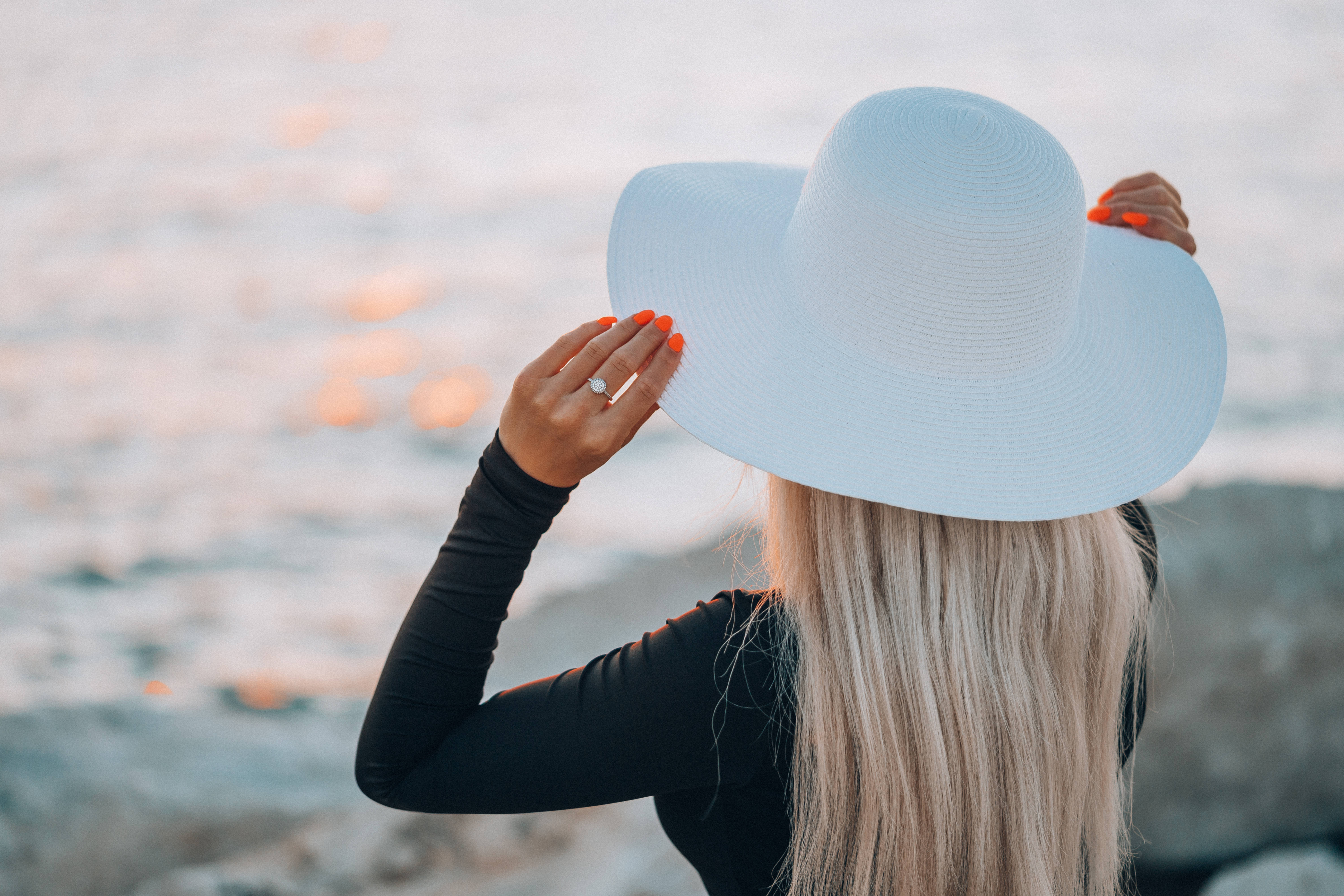 simple white aesthetic, blonde hair, orange nails, 5K Desktop Wallpaper