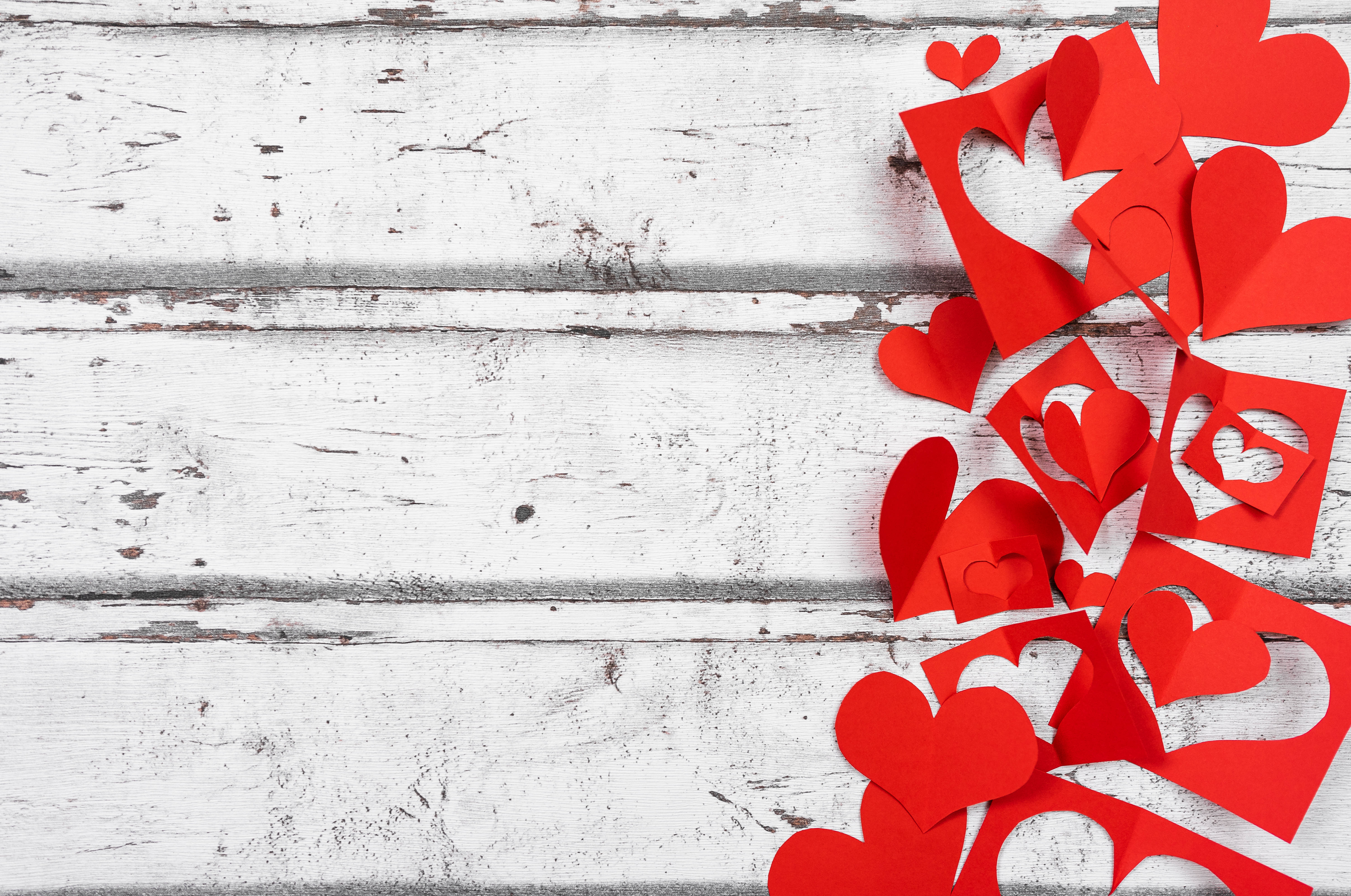 Simple White Aesthetic, paper hearts, red, 5K Desktop Wallpaper