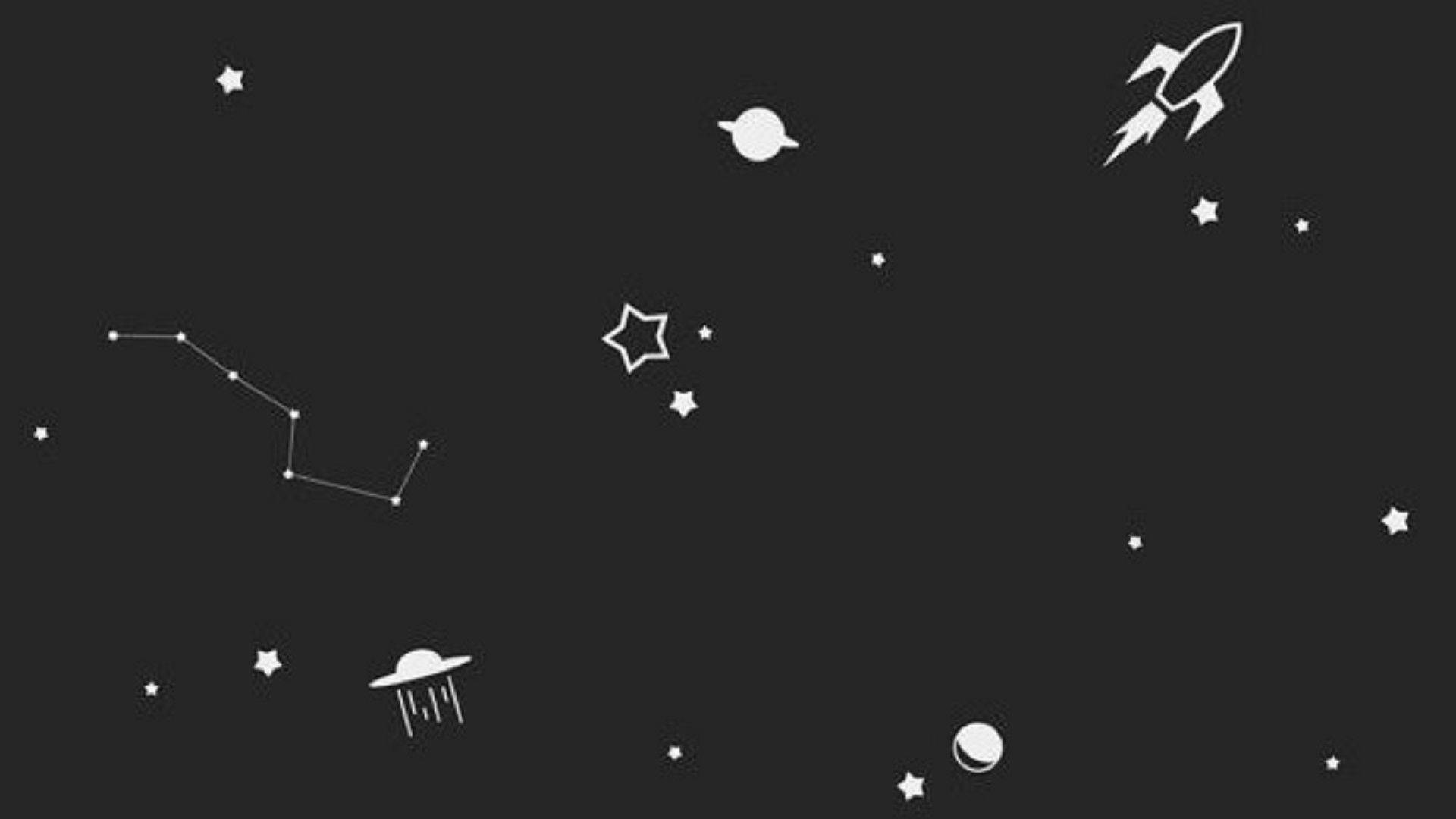 outer space aesthetic, black and white laptop background, white minimalist icons, Full HD Desktop Wallpaper